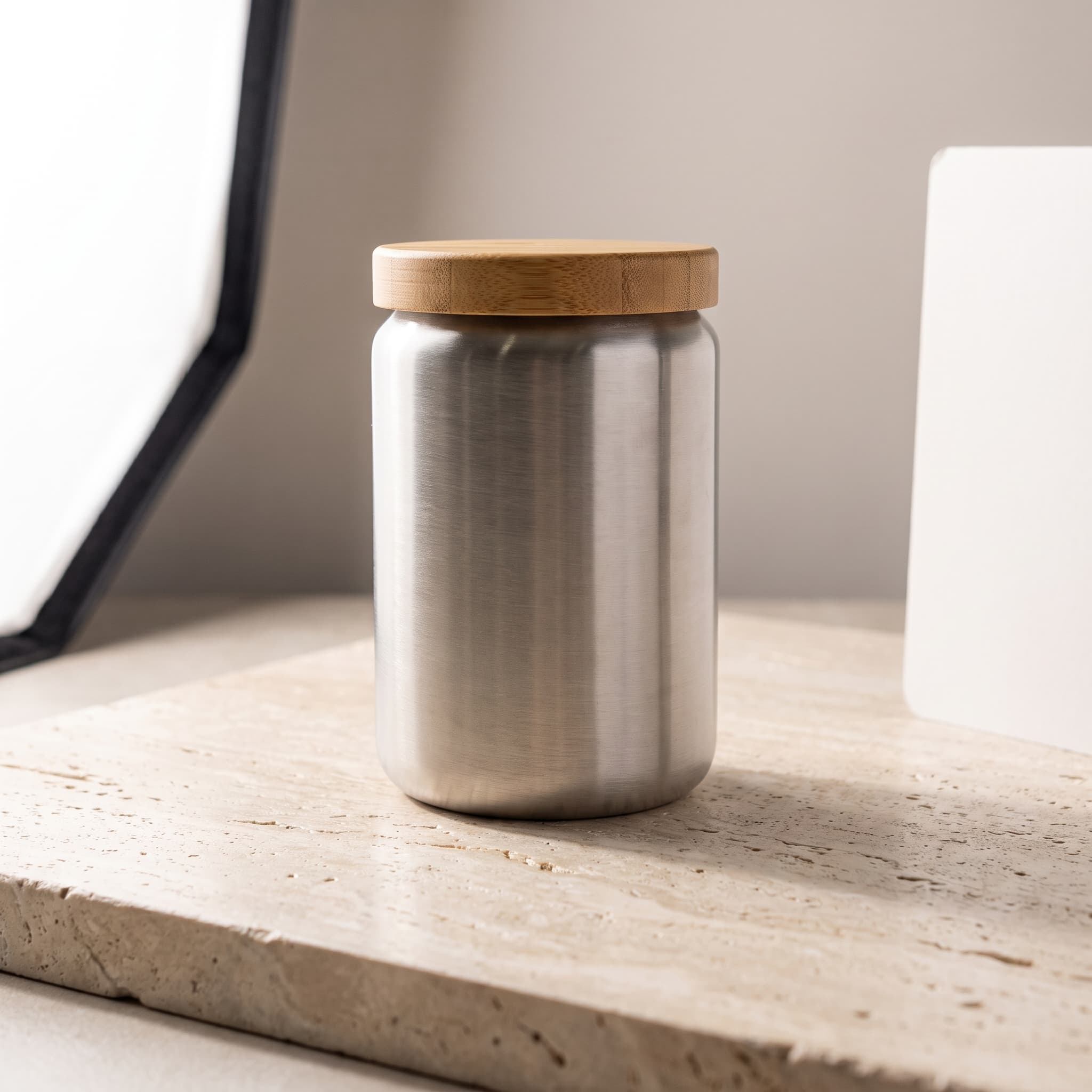 Actual example: AI-generated product image of a stainless steel mug with a bamboo lid