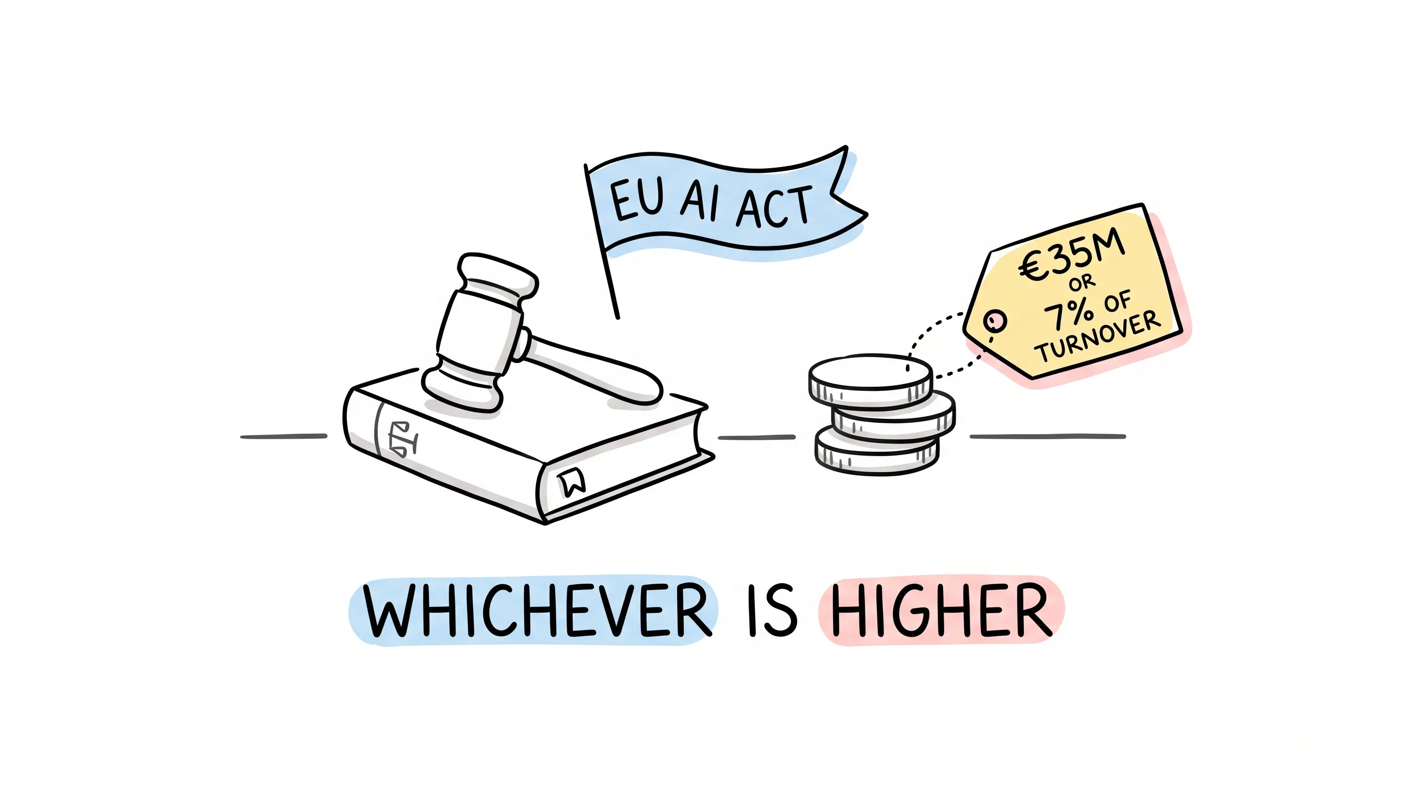 Hand-drawn doodle of a gavel resting on a law book under an EU AI Act flag, next to a coin stack tagged 35M euros or 7 percent of turnover, whichever is higher