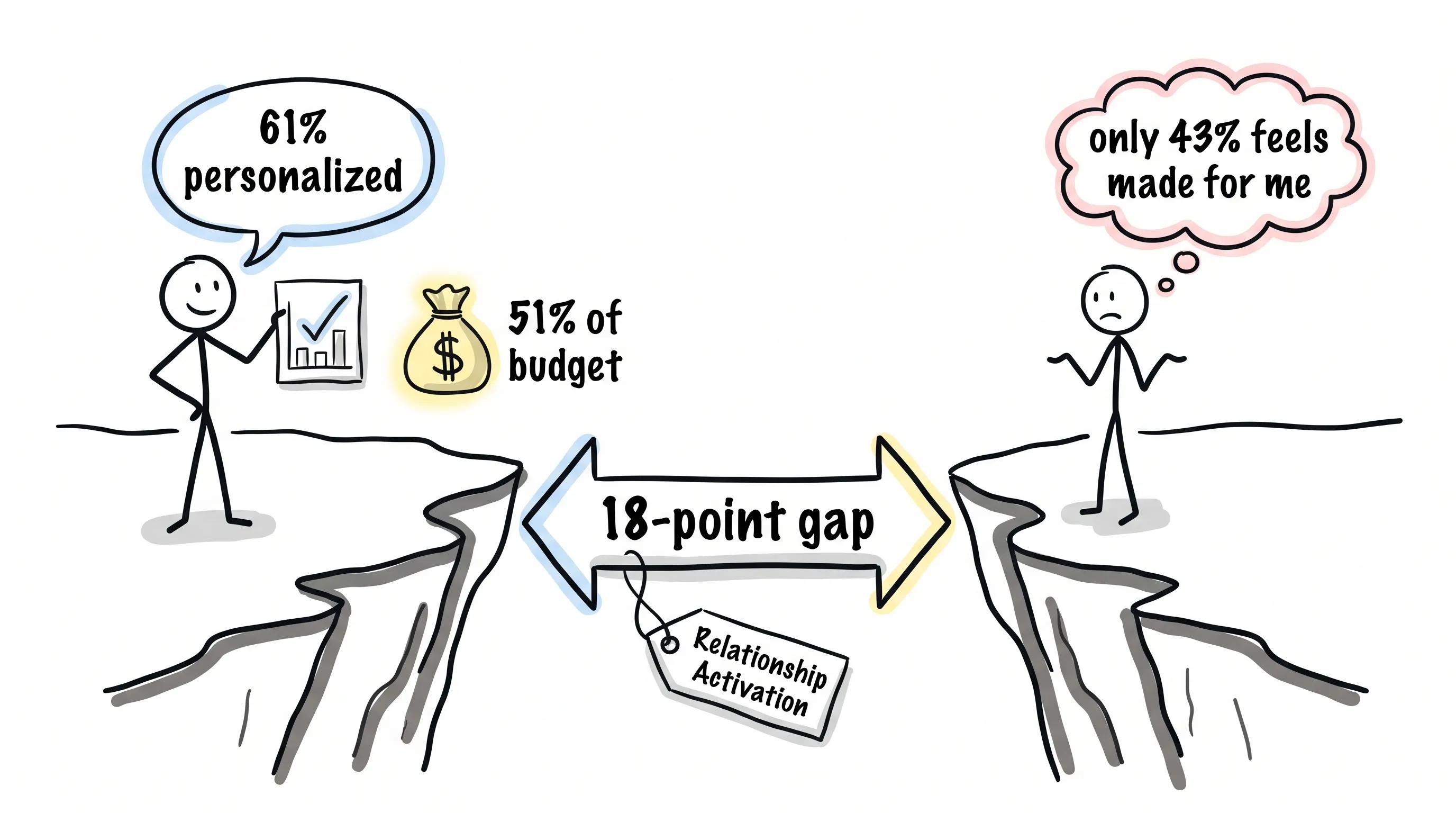 The perception gap: brands believe 61% of experiences are personalized while only 43% of users feel it, an 18-point gap called relationship activation