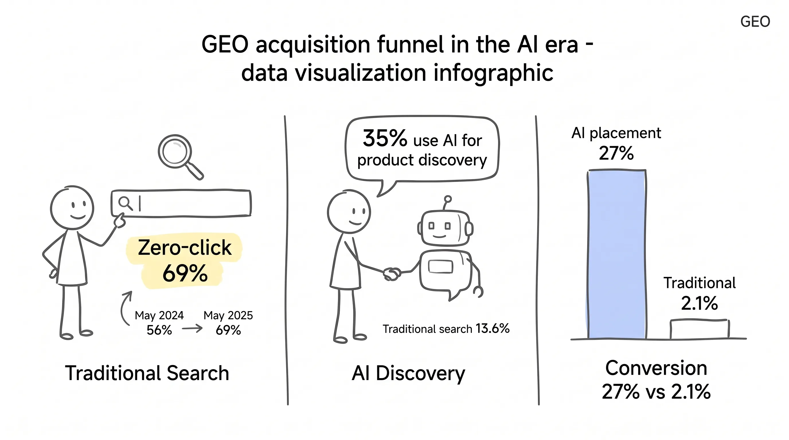 GEO acquisition funnel in the AI era: zero-click 69%, 35% AI product discovery, AI placements convert at 27% vs 2.1%
