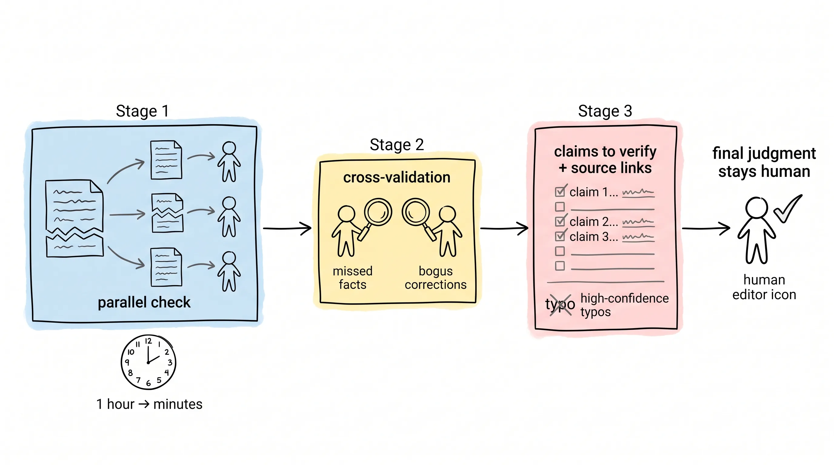 Three-layer multi-agent fact-checking workflow