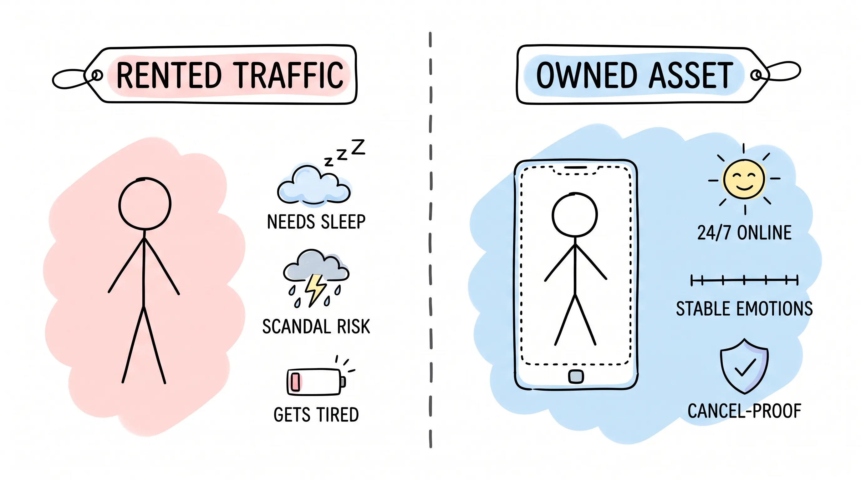 Rented traffic vs owned asset: human influencer vs virtual influencer