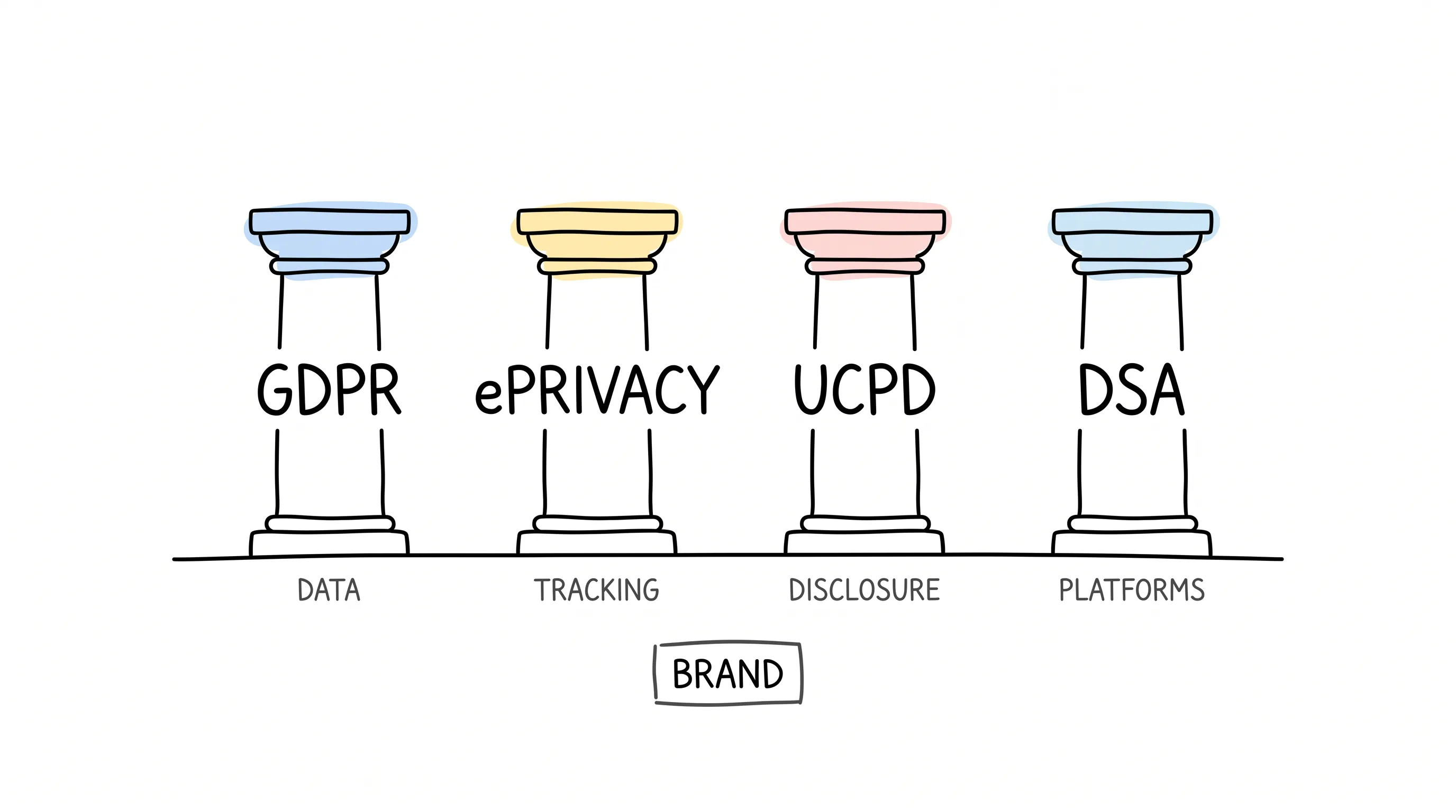 Hand-drawn doodle: Europe's four regulatory pillars — GDPR, ePrivacy, UCPD, DSA — bearing down on brands