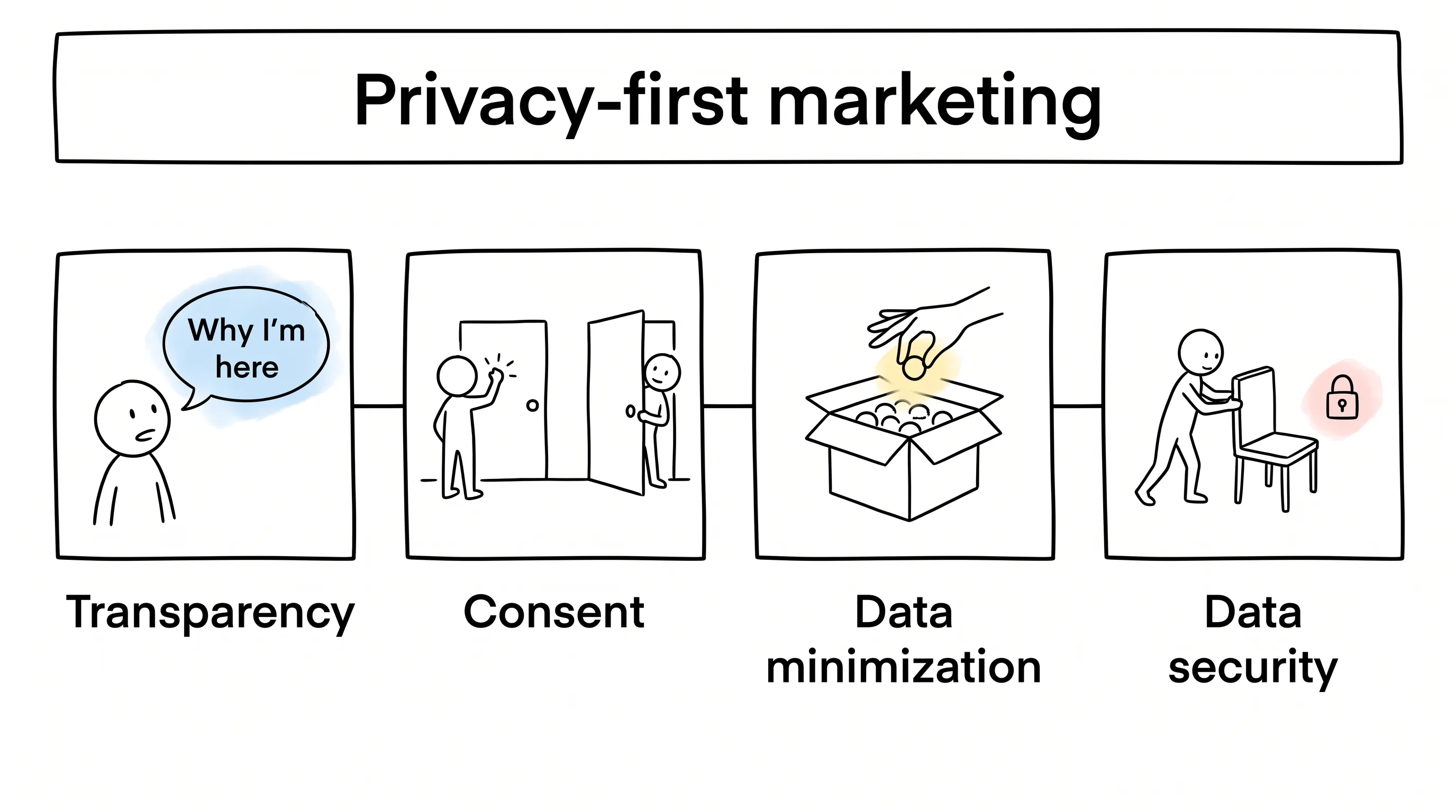 Hand-drawn framework doodle of privacy-first marketing: four panels showing a guest saying why they are here, knocking on a door, taking only one item from a box, and putting a chair back with a padlock