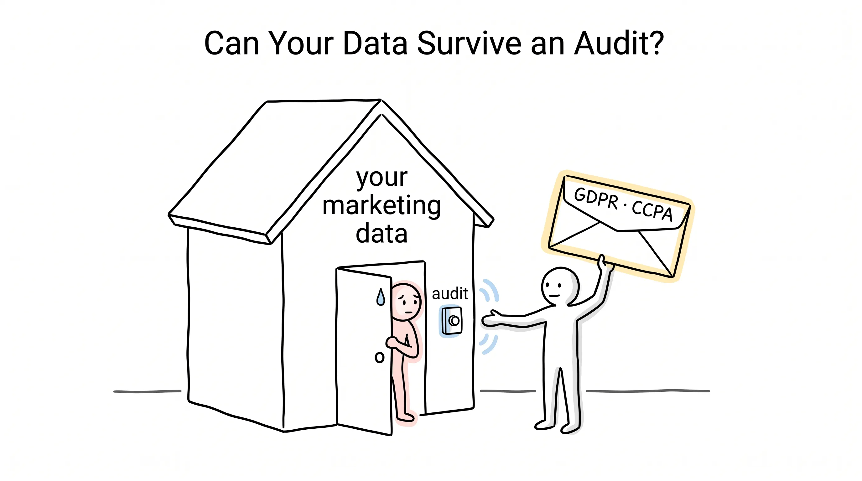A stick figure holding a GDPR and CCPA envelope rings the audit doorbell of a house labeled your marketing data, while the owner peeks out nervously