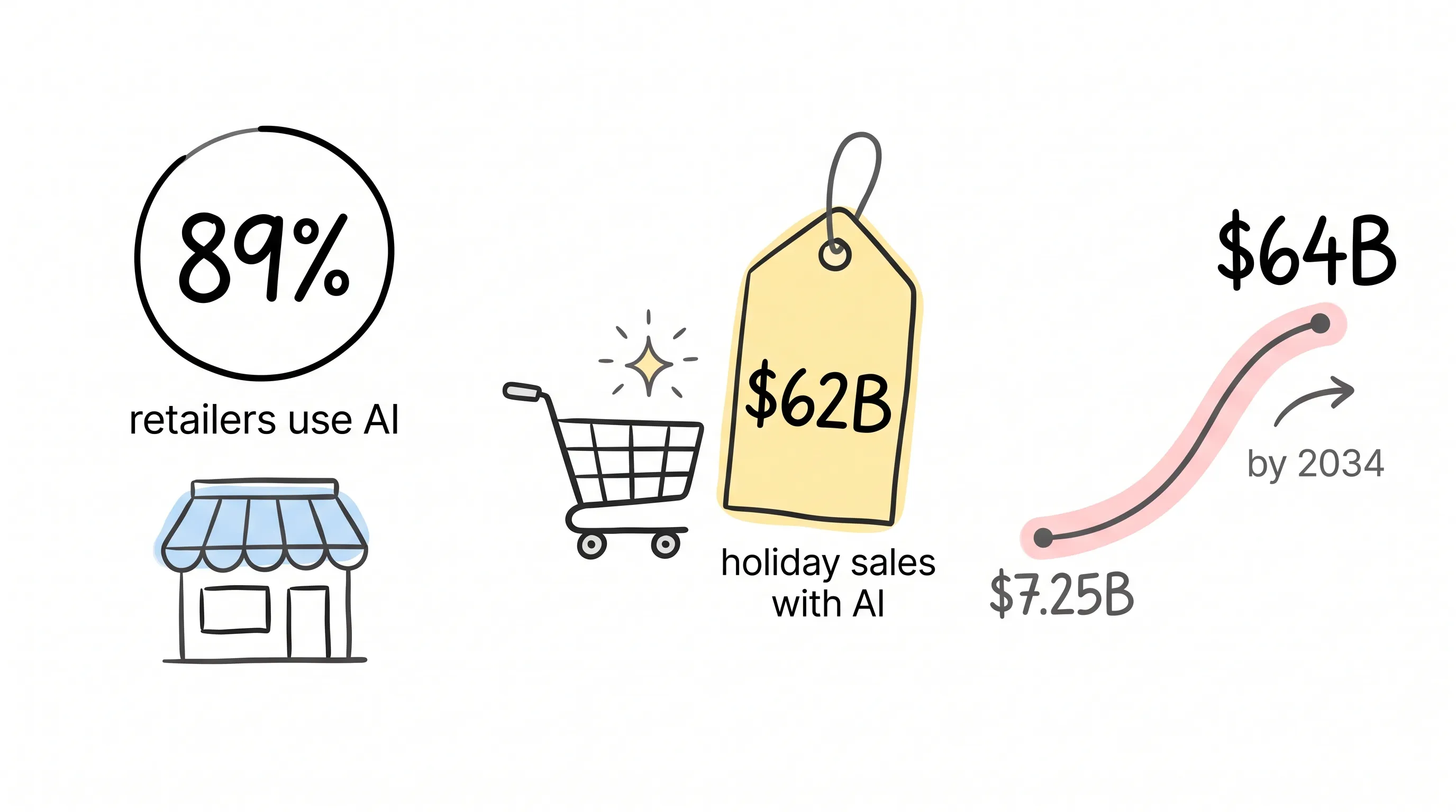 AI e-commerce at scale: 89% of retailers use AI, $62B holiday sales with AI, market growing from $7.25B to $64B by 2034