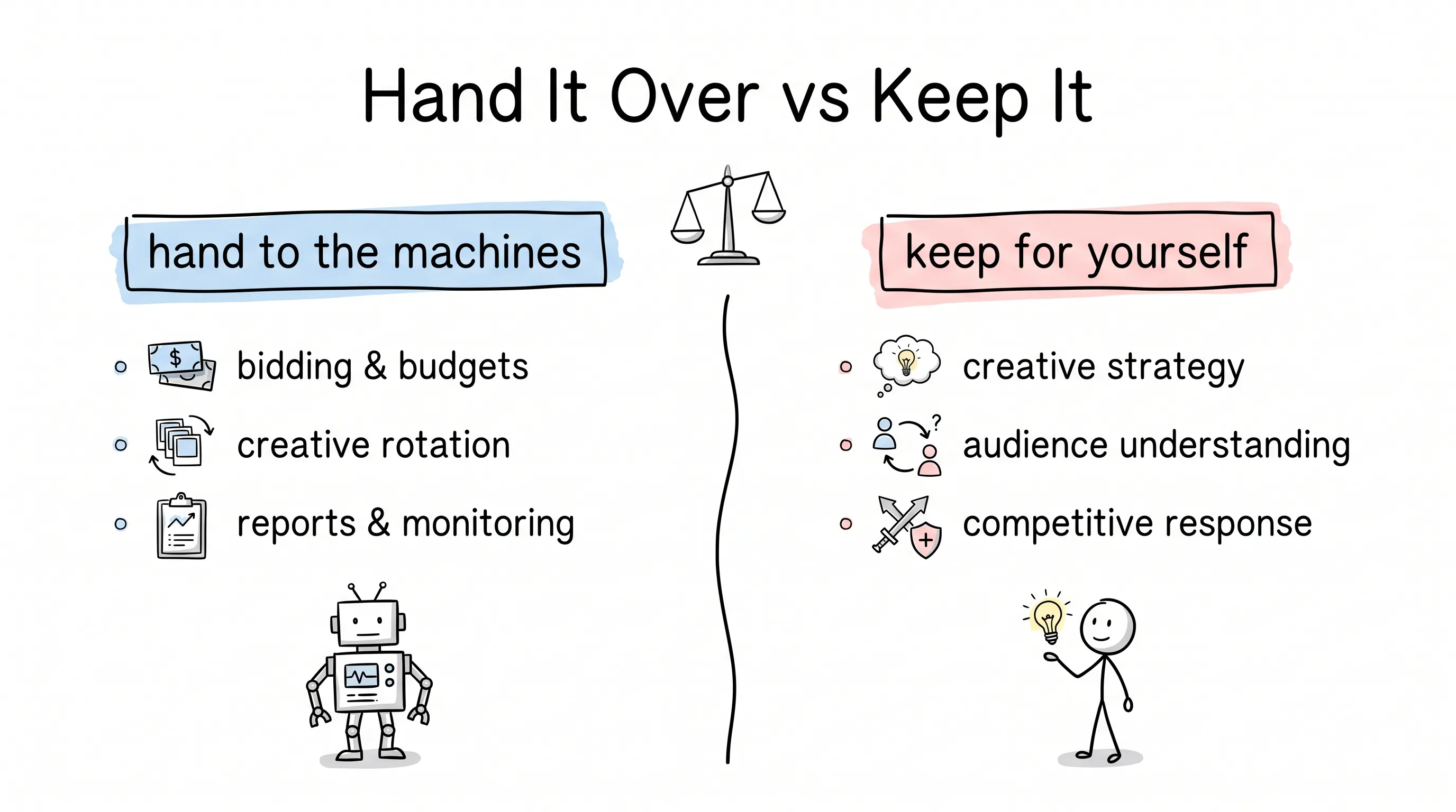 A split list: hand bidding, budgets, creative rotation and reporting to the machines; keep creative strategy, audience understanding and competitive response for yourself