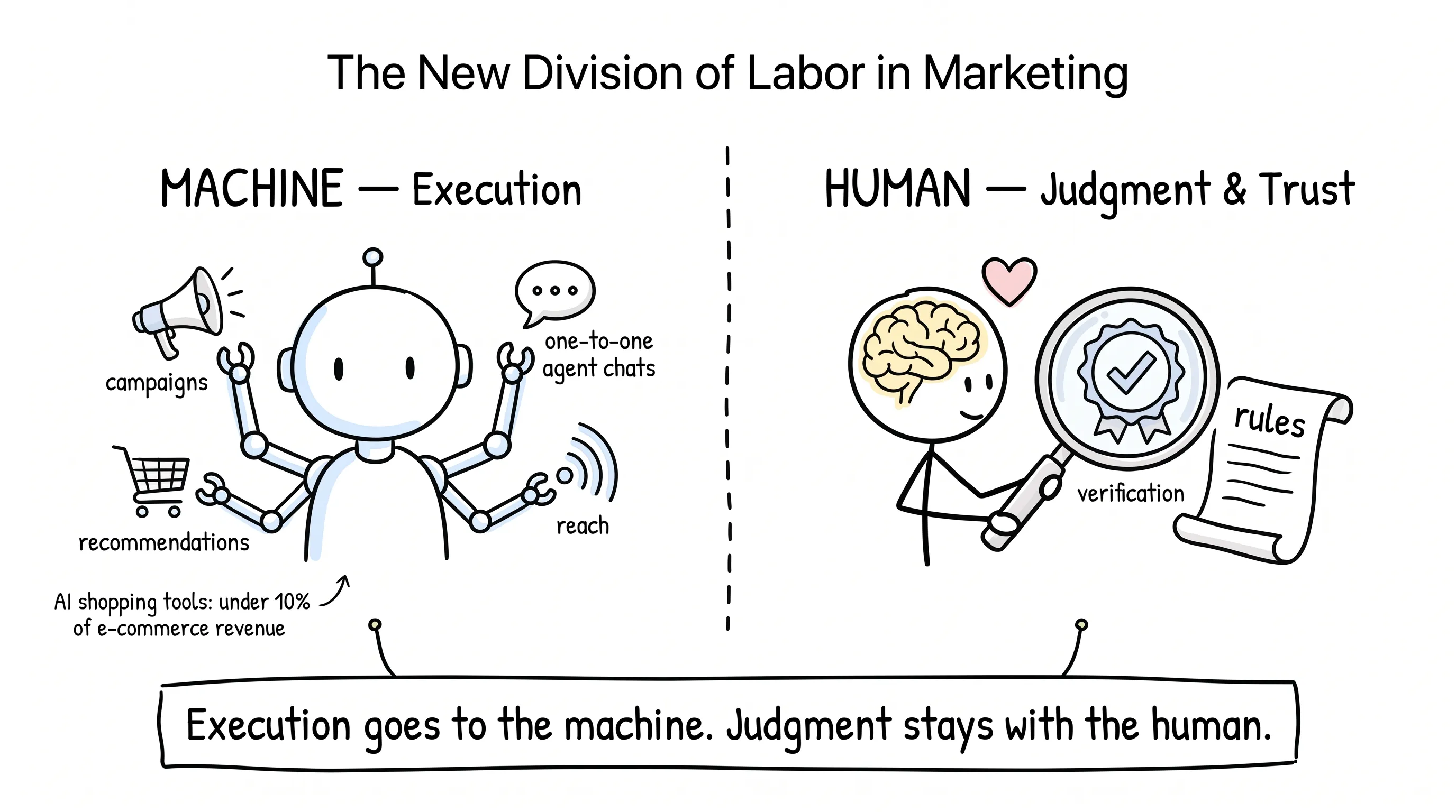 The new division of labor in marketing — machine takes execution (campaigns, one-to-one agent chats, recommendations, reach), human keeps judgment and trust (brain, heart, verification, rules); execution goes to the machine, judgment stays with the human