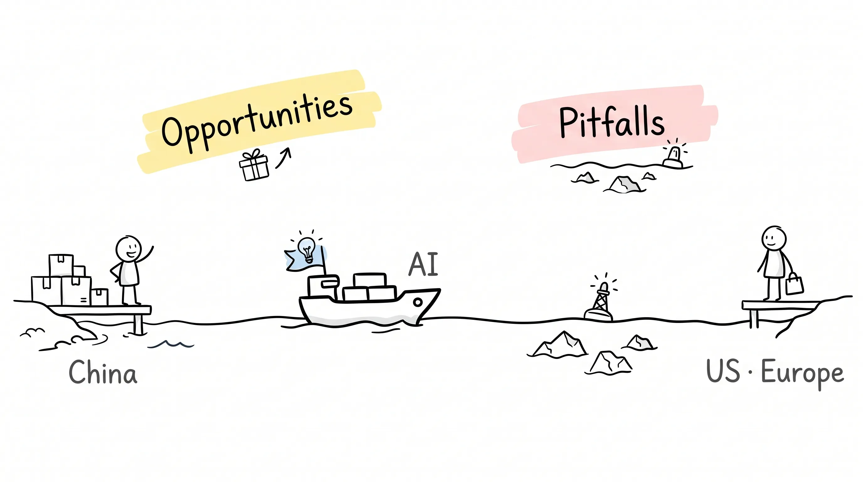 The AI cross-border voyage: a small seller ships from China toward US and Europe buyers, and the same route holds both opportunities and pitfalls