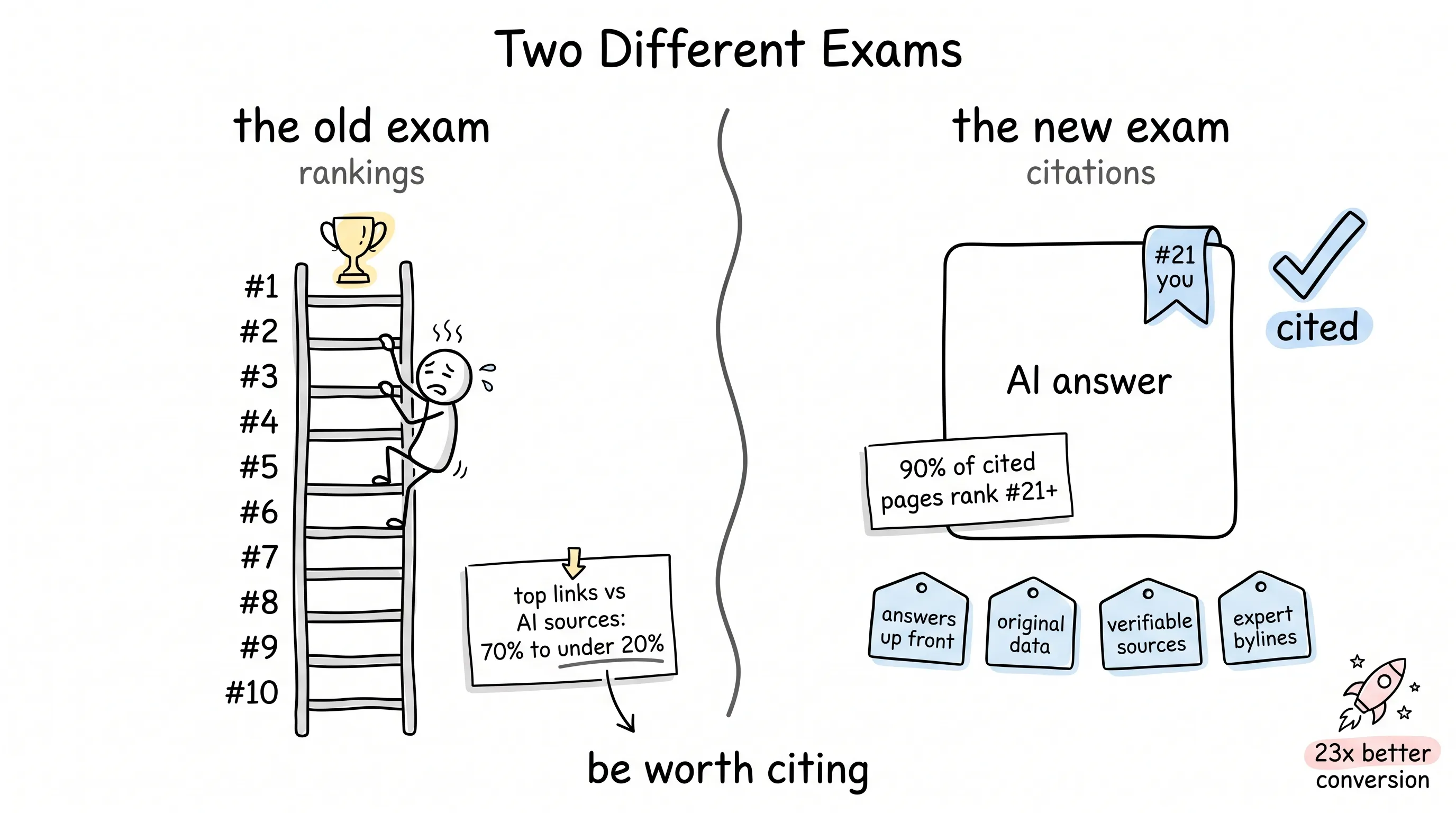 The old exam — a rankings ladder #1 to #10 with a trophy on the top rung and a tired climber, noting top links vs AI sources fell 70% to under 20%; the new exam — an AI answer card citing a page chip #21 you with a cited check, 90% of cited pages rank #21+, tagged answers up front, original data, verifiable sources, expert bylines, with 23x better conversion; caption: be worth citing