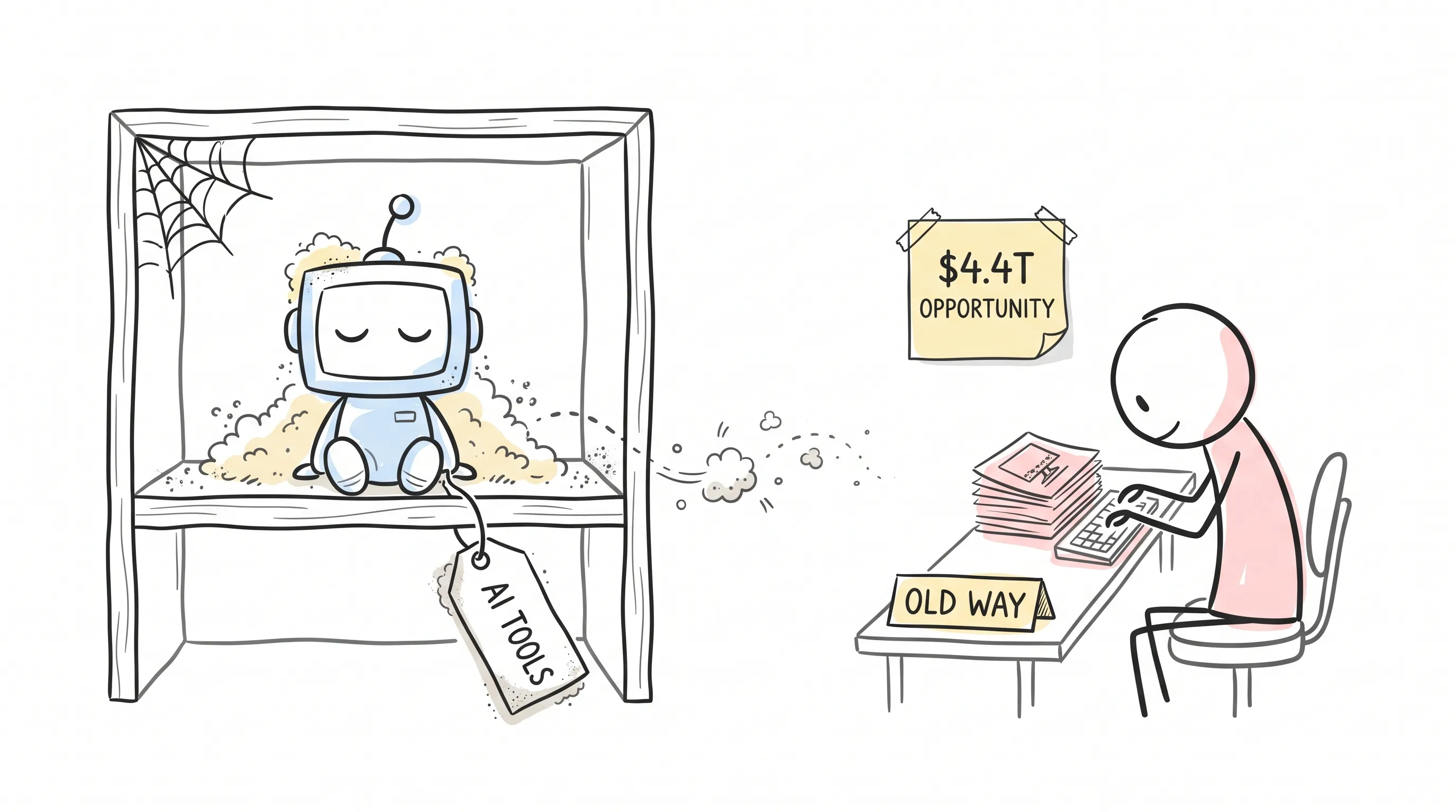 Unused AI tools gathering dust on a shelf while a marketer keeps working the old way