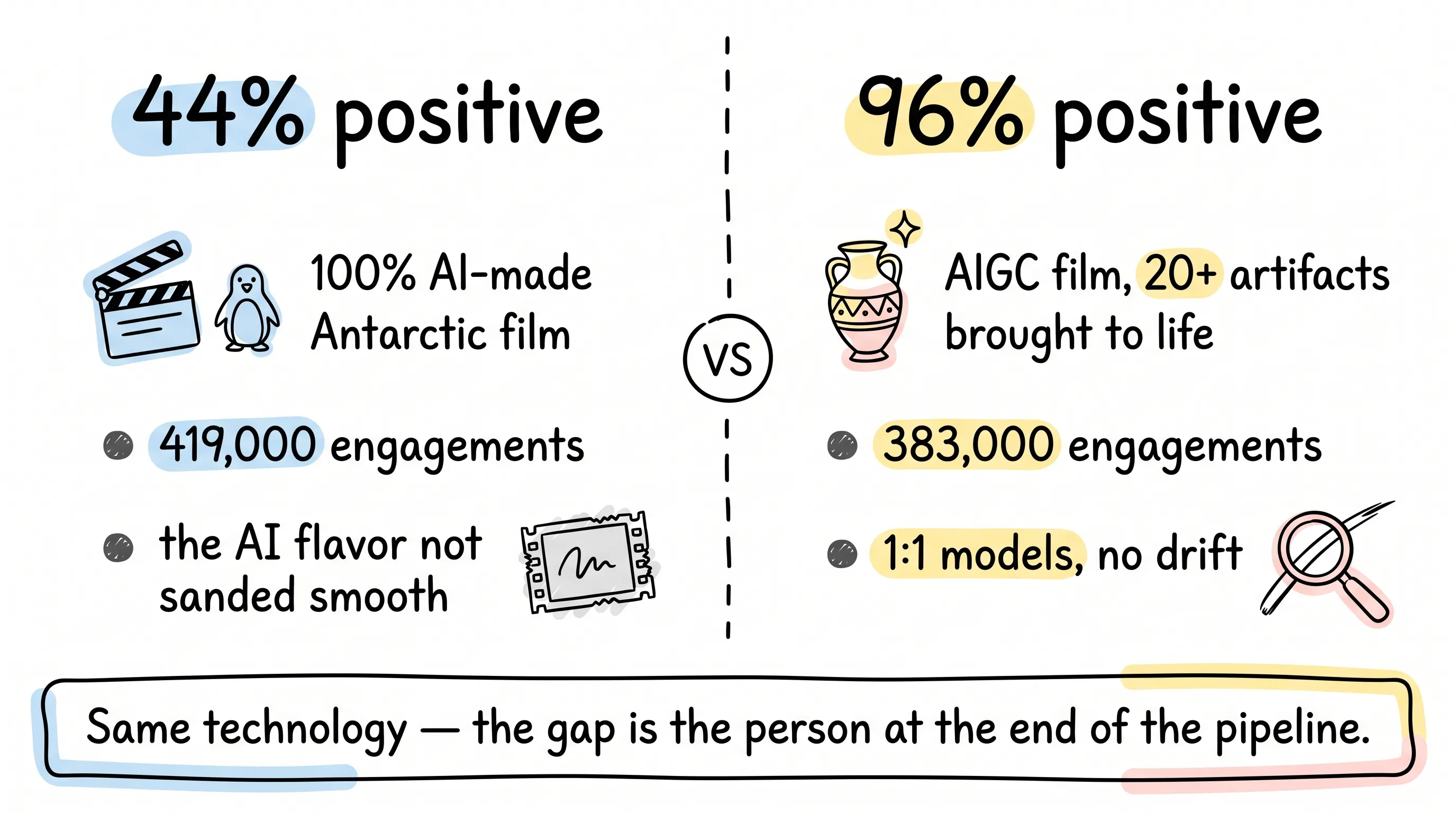 Two AI campaign report cards: 44% positive sentiment for the 100% AI-made Antarctic film vs 96% for the Palace Museum AIGC short — same technology, different human finishing