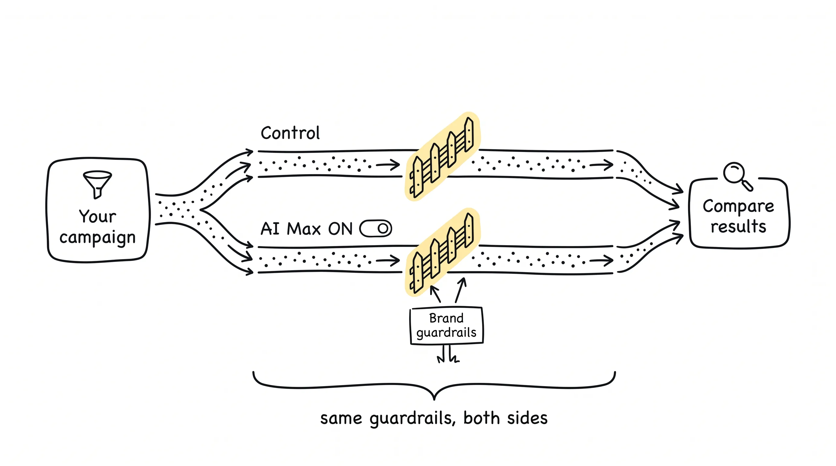 Diagram: one campaign's traffic splits into Control and AI Max arms, with the same brand guardrails on both sides before results are compared