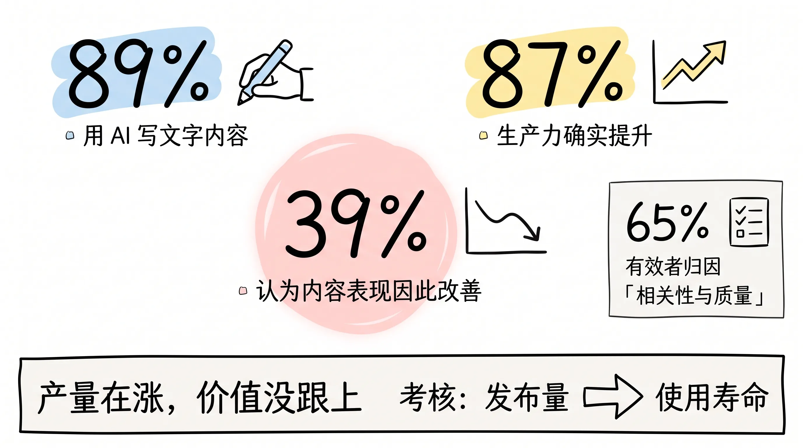 生产力悖论:89% 用 AI 写内容、87% 生产力提升,仅 39% 认为内容表现改善