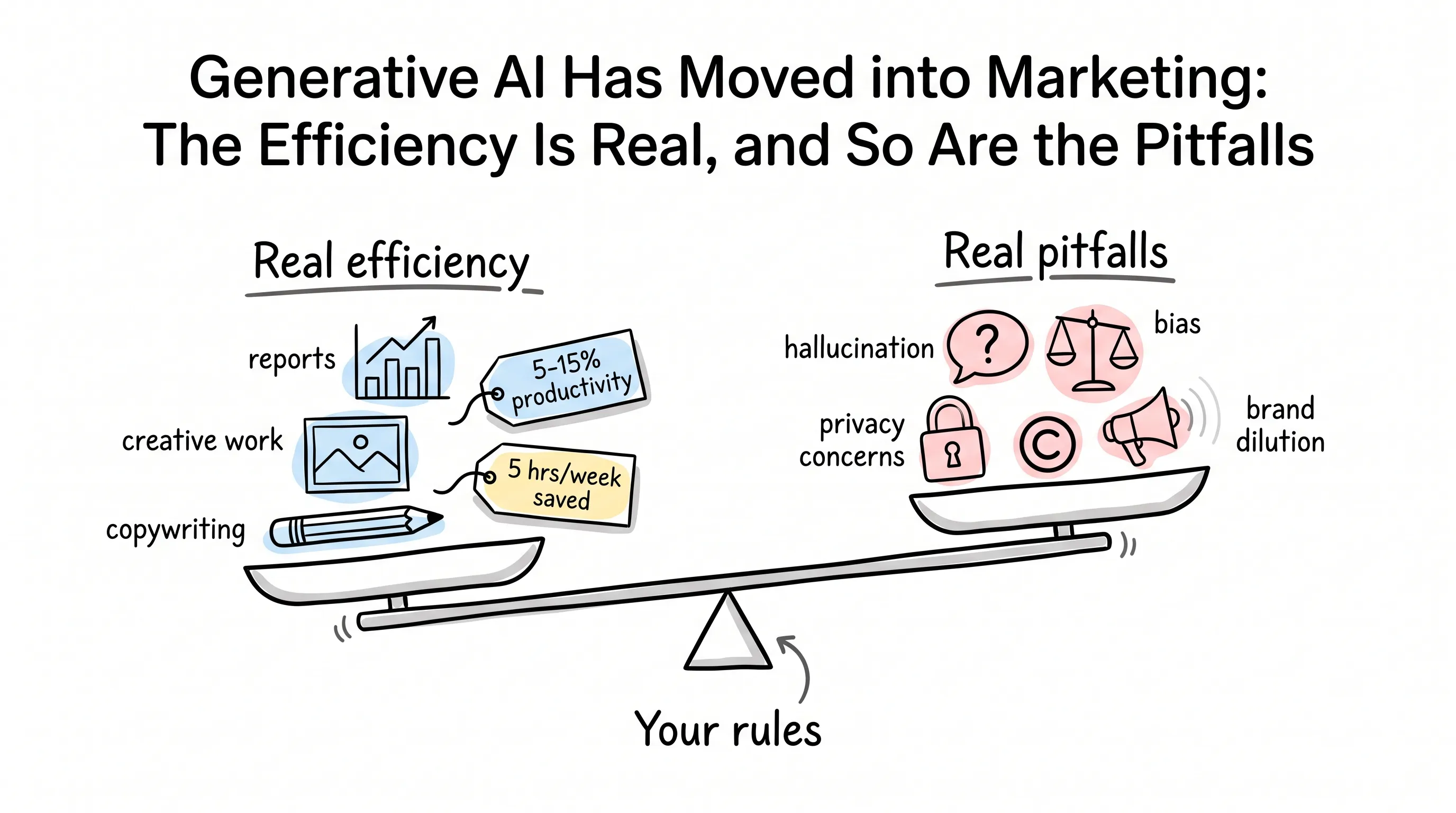 A hand-drawn balance scale weighing real efficiency against real pitfalls, with "Your rules" as the fulcrum