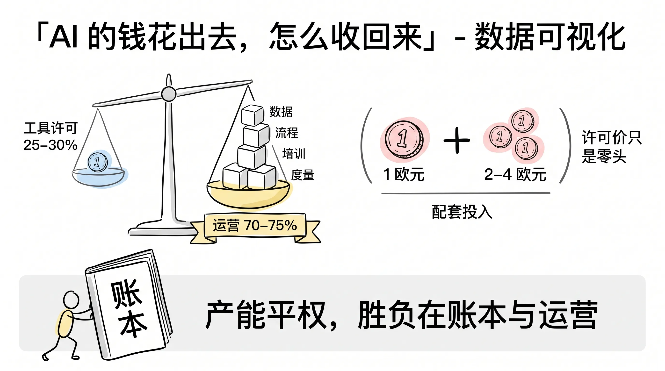 配图:AI 投入账本——工具许可只占四分之一,运营才是大头