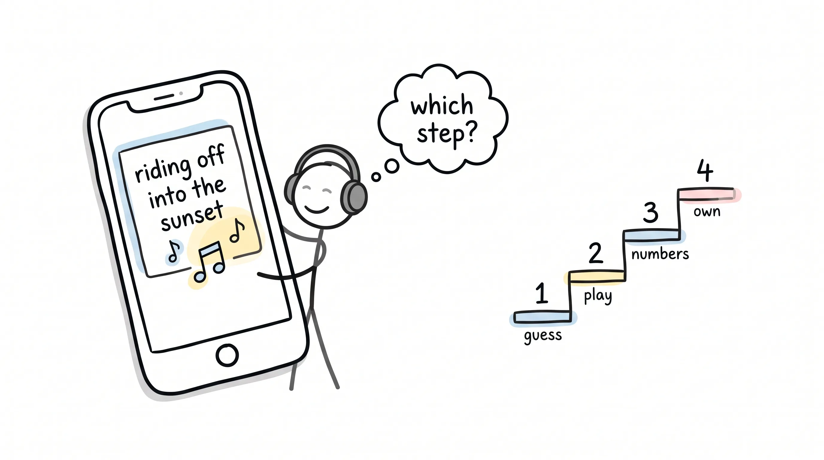A hand-drawn phone playing the "riding off into the sunset" playlist beside a smiling stick figure with headphones, whose thought bubble asks "which step?" next to a mini four-step ladder: guess, play, numbers, own