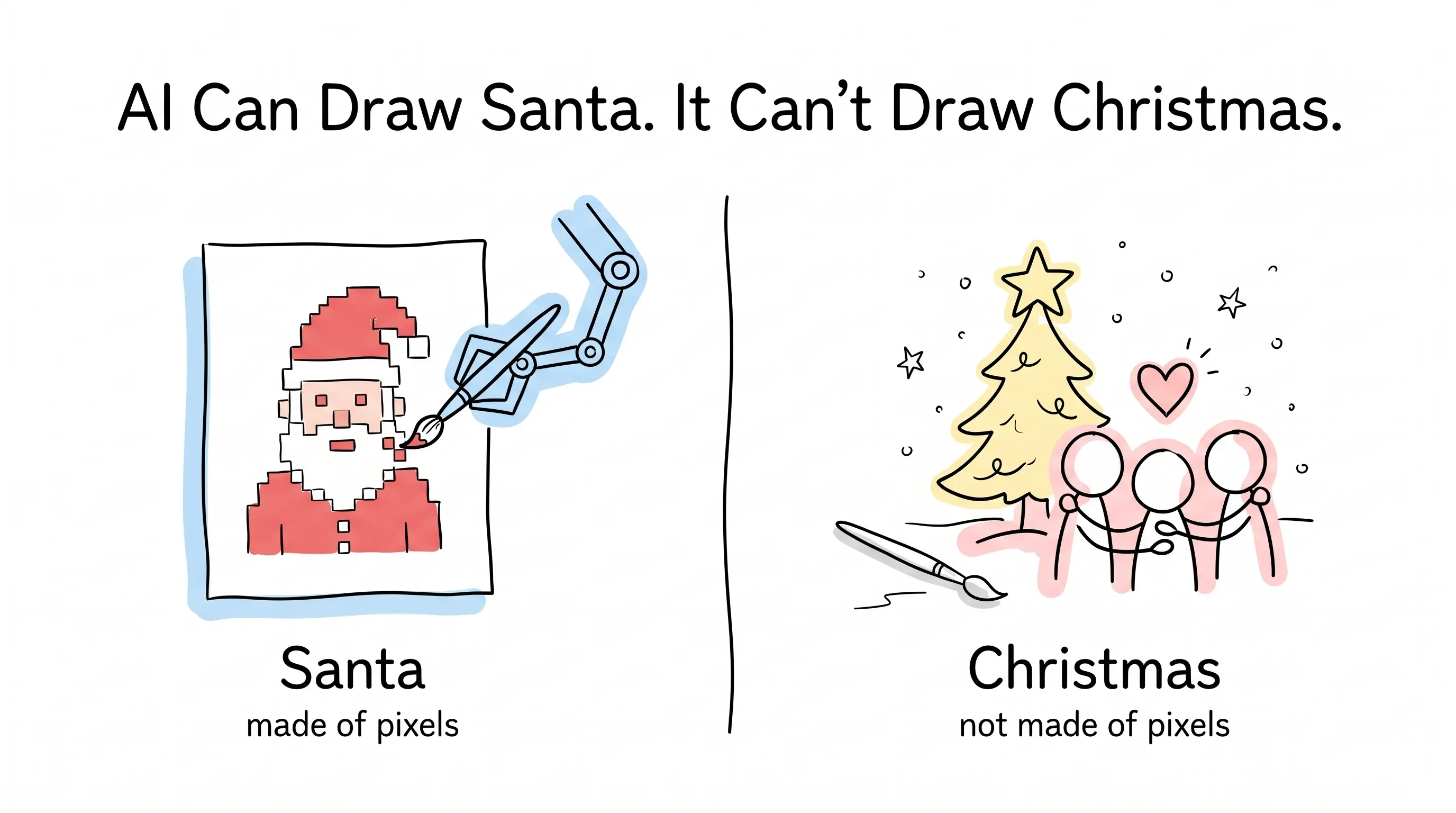 A robotic arm paints a pixelated Santa on a canvas labeled made of pixels, while beside a hand-drawn divider a paintbrush lies aside from a warm Christmas scene of stick figures around a tree with a heart above, labeled not made of pixels