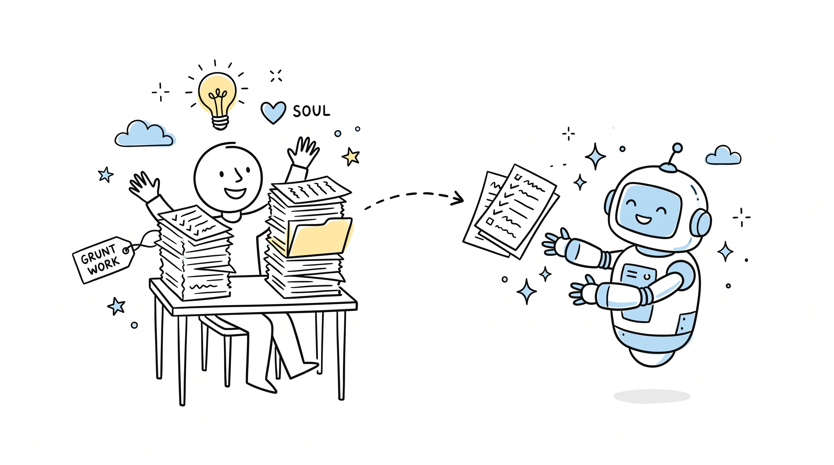 Hand-drawn doodle cover: a writer hands a tall stack of repetitive paperwork to a friendly robot assistant, while keeping a glowing lightbulb and a heart