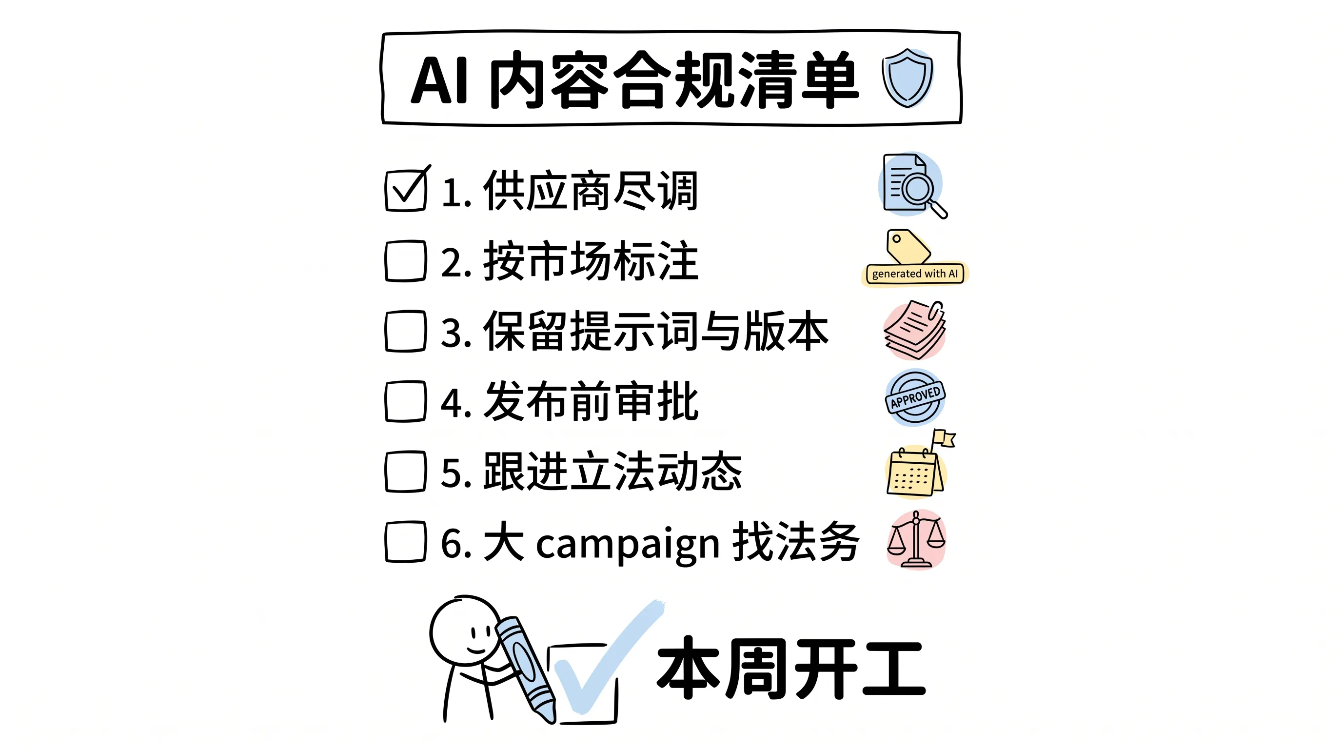 AI 内容合规六项清单手绘信息图