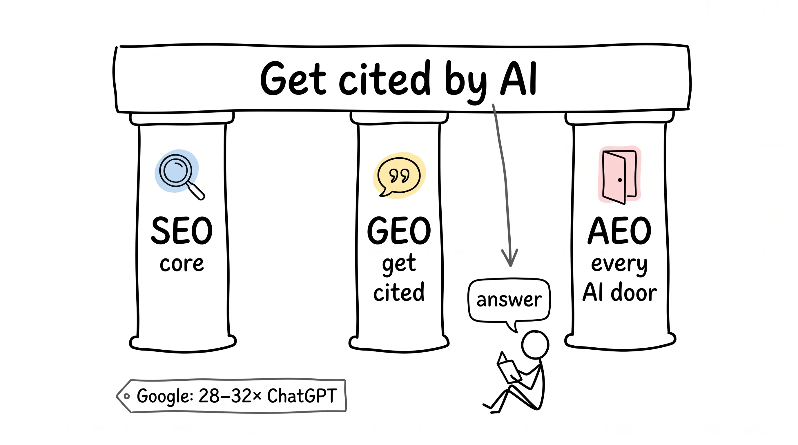 Three-legged approach — SEO, GEO and AEO pillars holding up a beam reading Get cited by AI