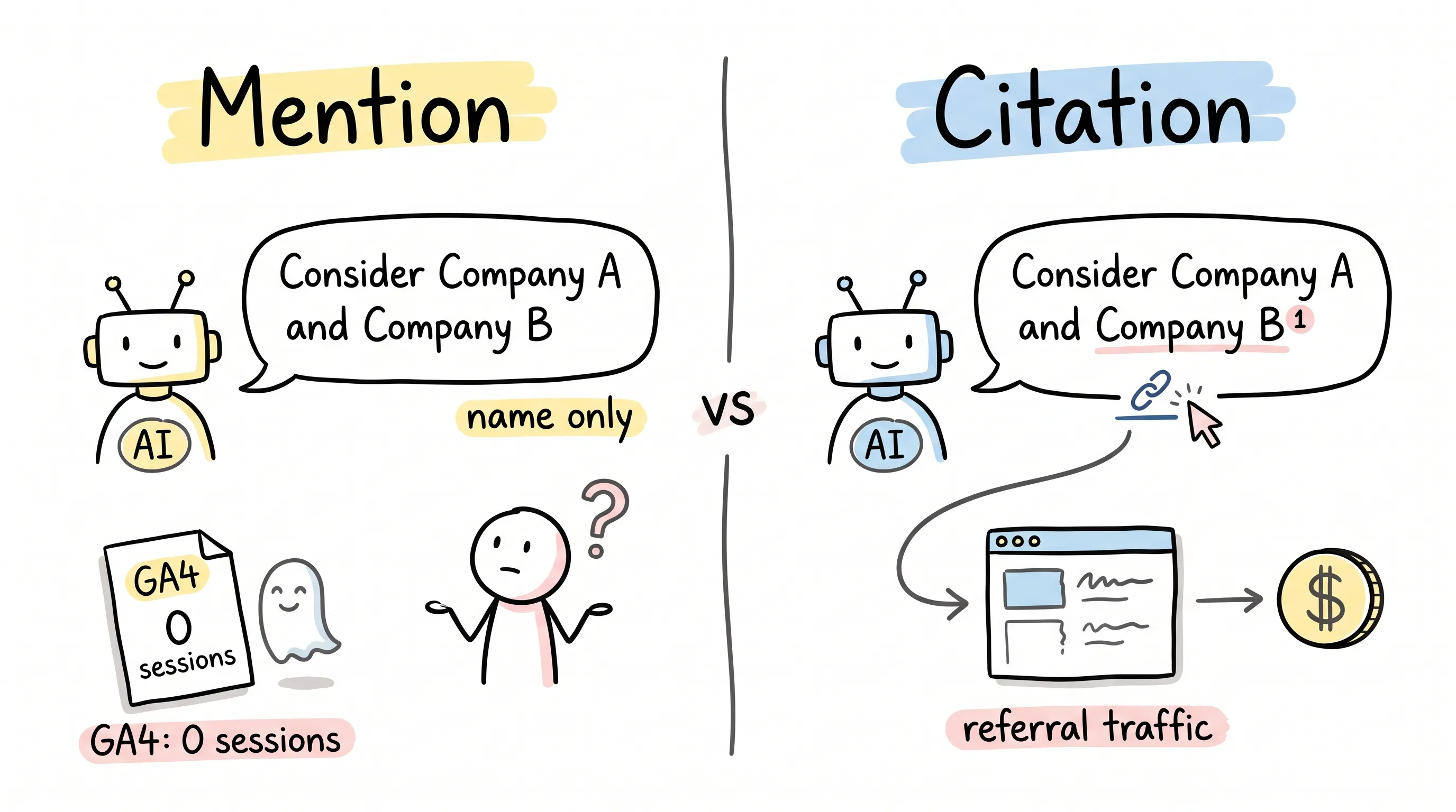 Mention vs citation: an AI answer that only drops your name leaves GA4 at zero sessions, while a cited answer hangs a clickable source that turns into referral traffic