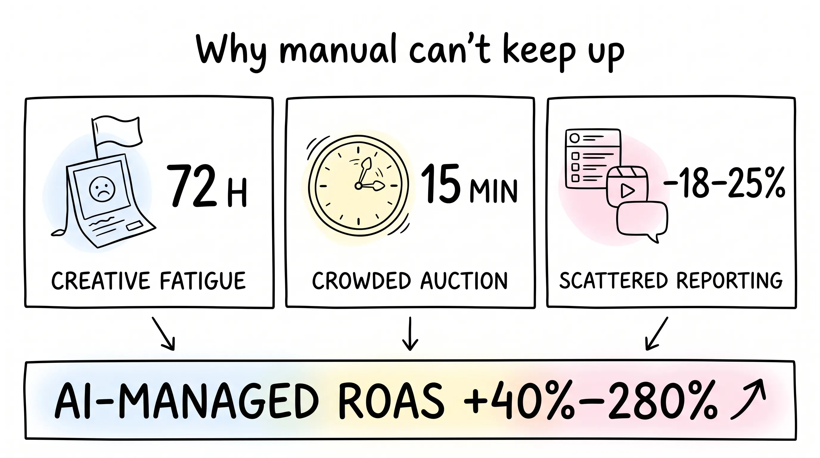 Three doodle panels: 72-hour creative fatigue, 15-minute crowded auction, and scattered reporting undercounted by 18 to 25 percent, adding up to AI-managed ROAS up 40 to 280 percent