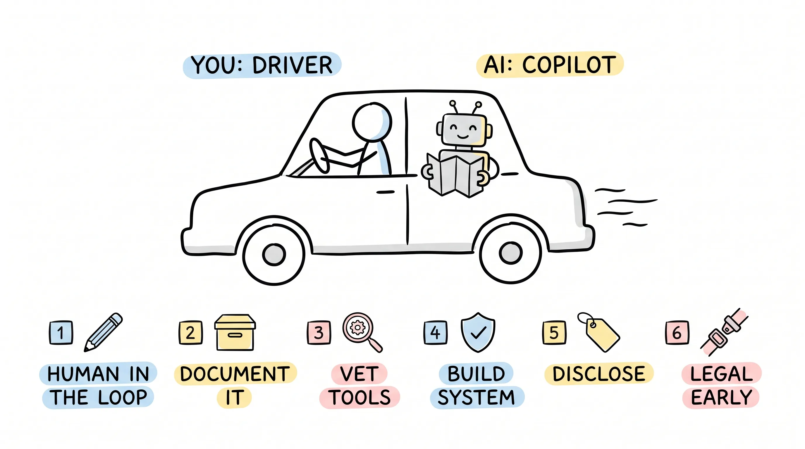 Hand-drawn doodle of a car with a human holding the steering wheel labeled YOU: DRIVER and a robot holding a map labeled AI: COPILOT, above a six-item checklist: human in the loop, document it, vet tools, build system, disclose, legal early