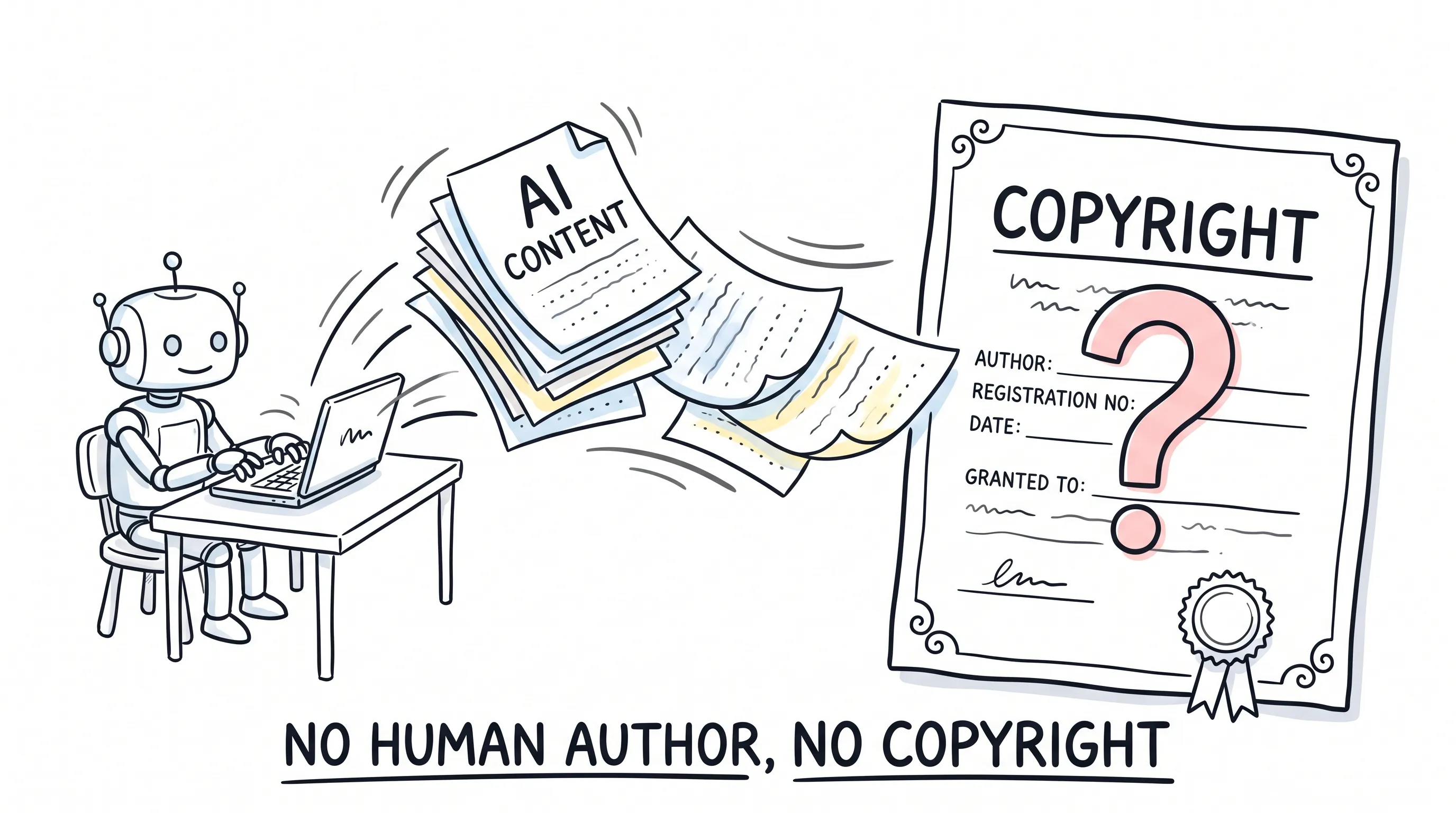 Hand-drawn doodle of a robot at a laptop printing a stack of AI CONTENT pages next to a COPYRIGHT certificate with a blank AUTHOR line and a big pink question mark, captioned NO HUMAN AUTHOR, NO COPYRIGHT