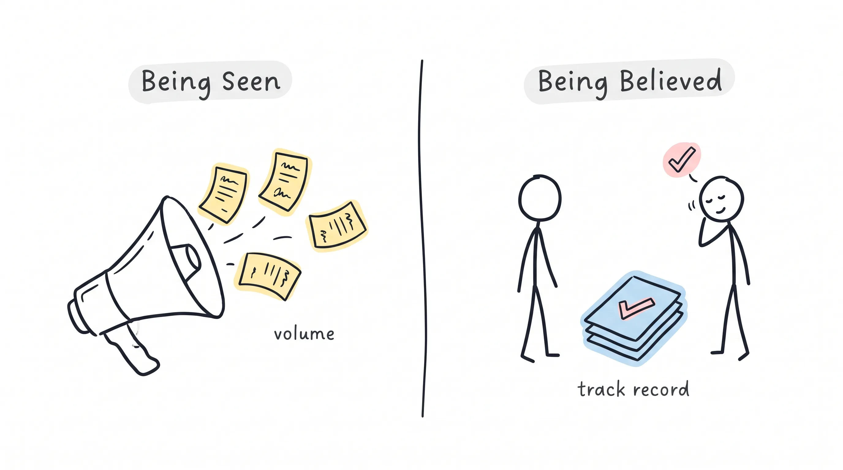 Hand-drawn comparison: on the left a megaphone blasts out a scatter of identical papers labeled Being Seen with the note volume, on the right two stick figures face each other beside a stack of documents with a check mark labeled Being Believed with the note track record, split by a wobbly vertical line
