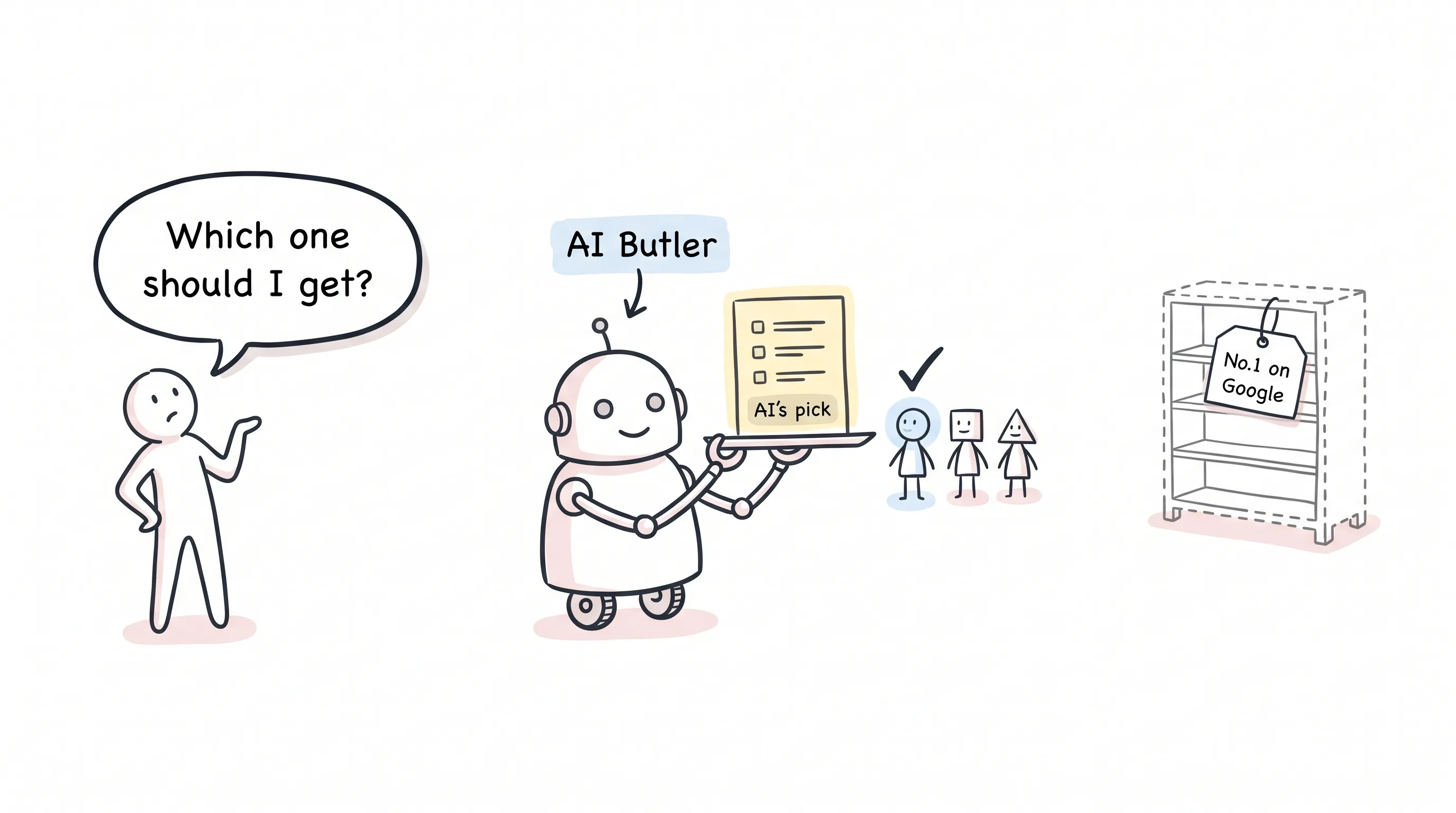 A stick-figure buyer asks a hand-drawn robot butler "Which one should I get?" while the butler holds up a tray with an AI's pick card, beside a dashed empty shelf still tagged No.1 on Google