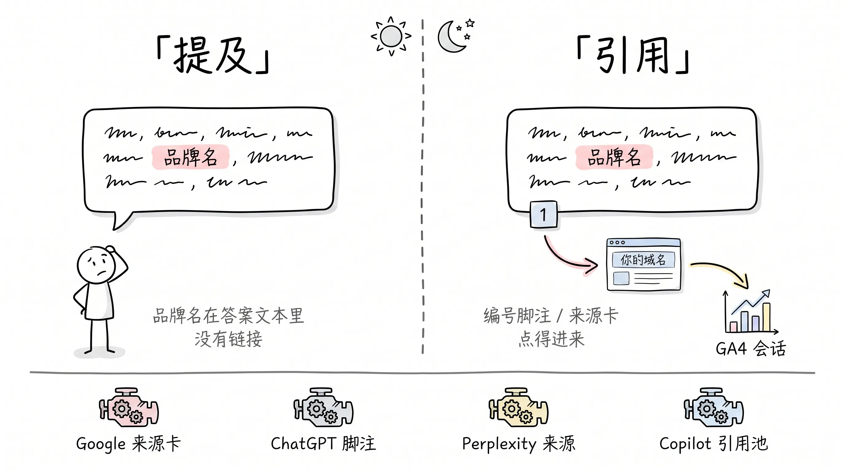AEO 可见性两口径对比:提及没有链接,引用挂脚注通向 GA4 会话