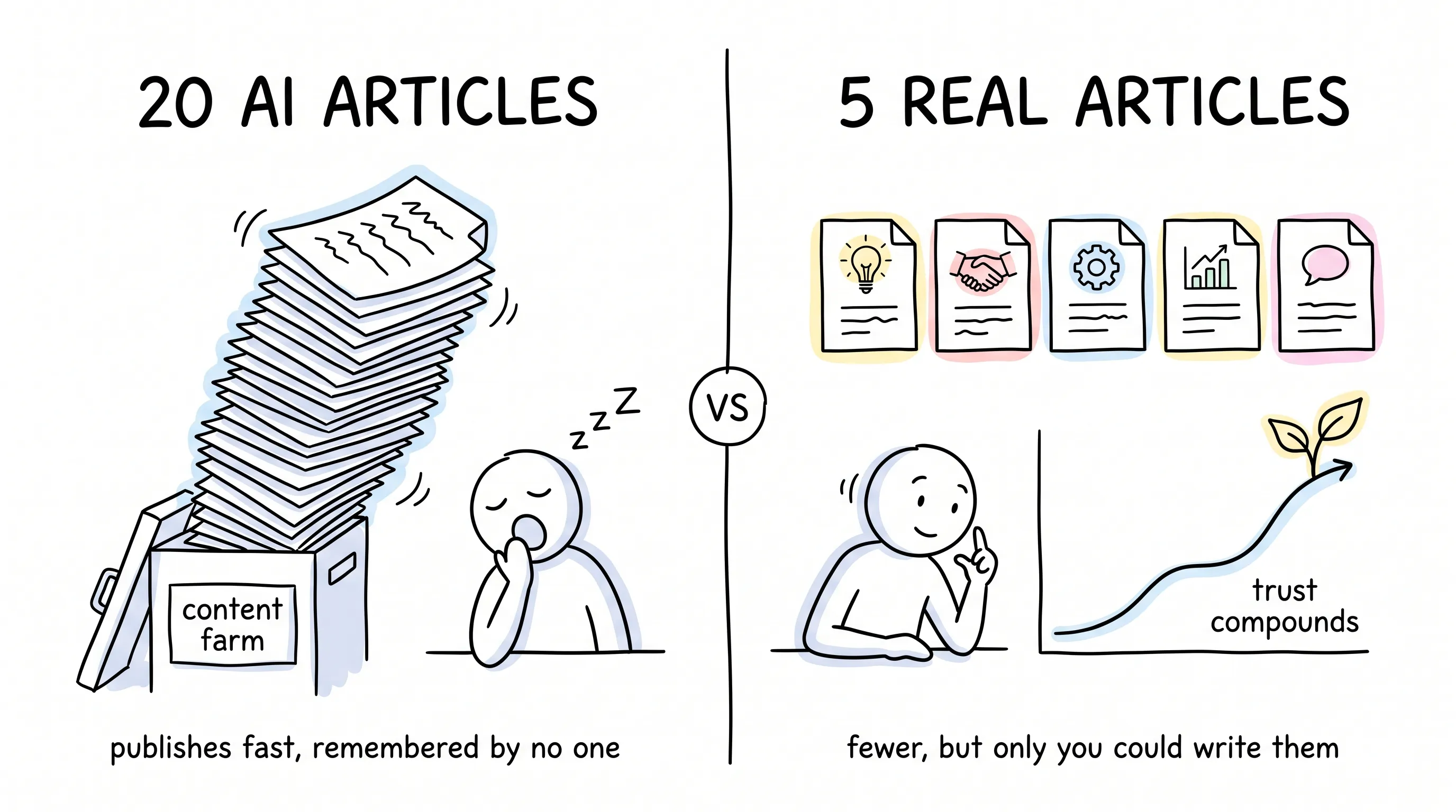 Comparison of 20 identical AI articles sliding into the content farm bin versus 5 distinctive articles building compounding trust