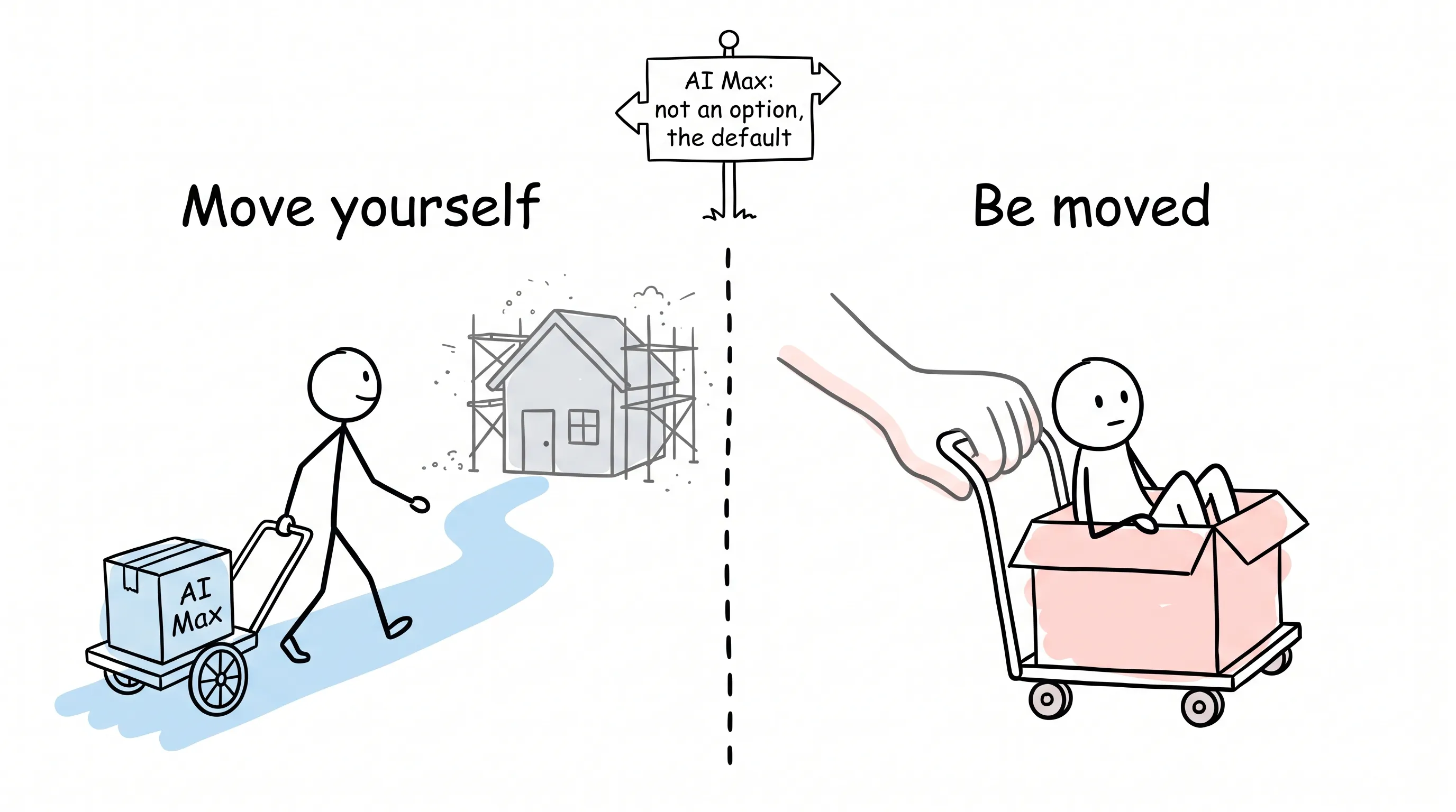 Two-panel doodle under a signpost reading "AI Max: not an option, the default": on the left a stick figure pulls a cart with an AI Max box toward a house renovated in place — Move yourself; on the right a stick figure sits passively in a box on a dolly pushed by a big hand — Be moved