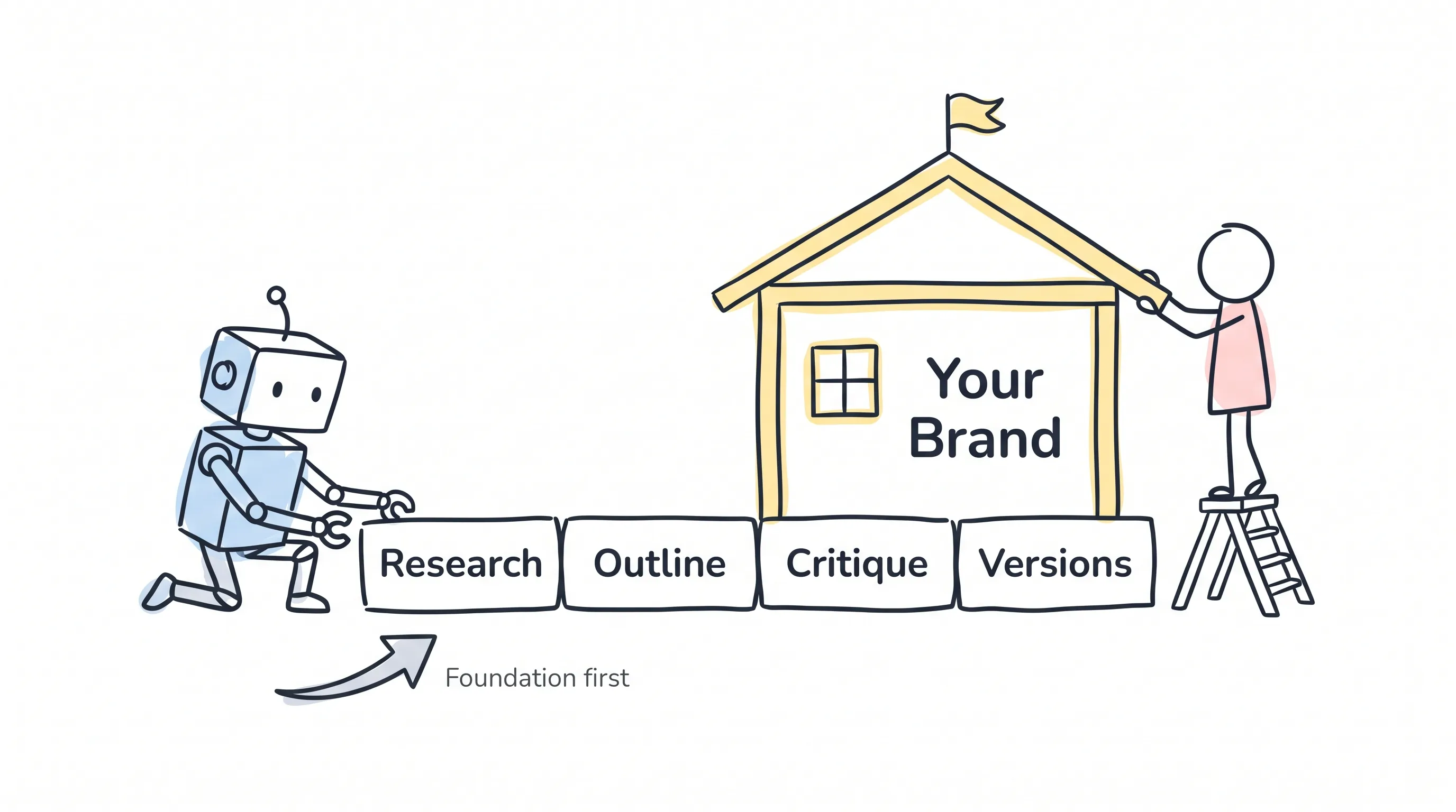 AI lays the foundation — research, outline, critique, versions — and you build your brand on top of it