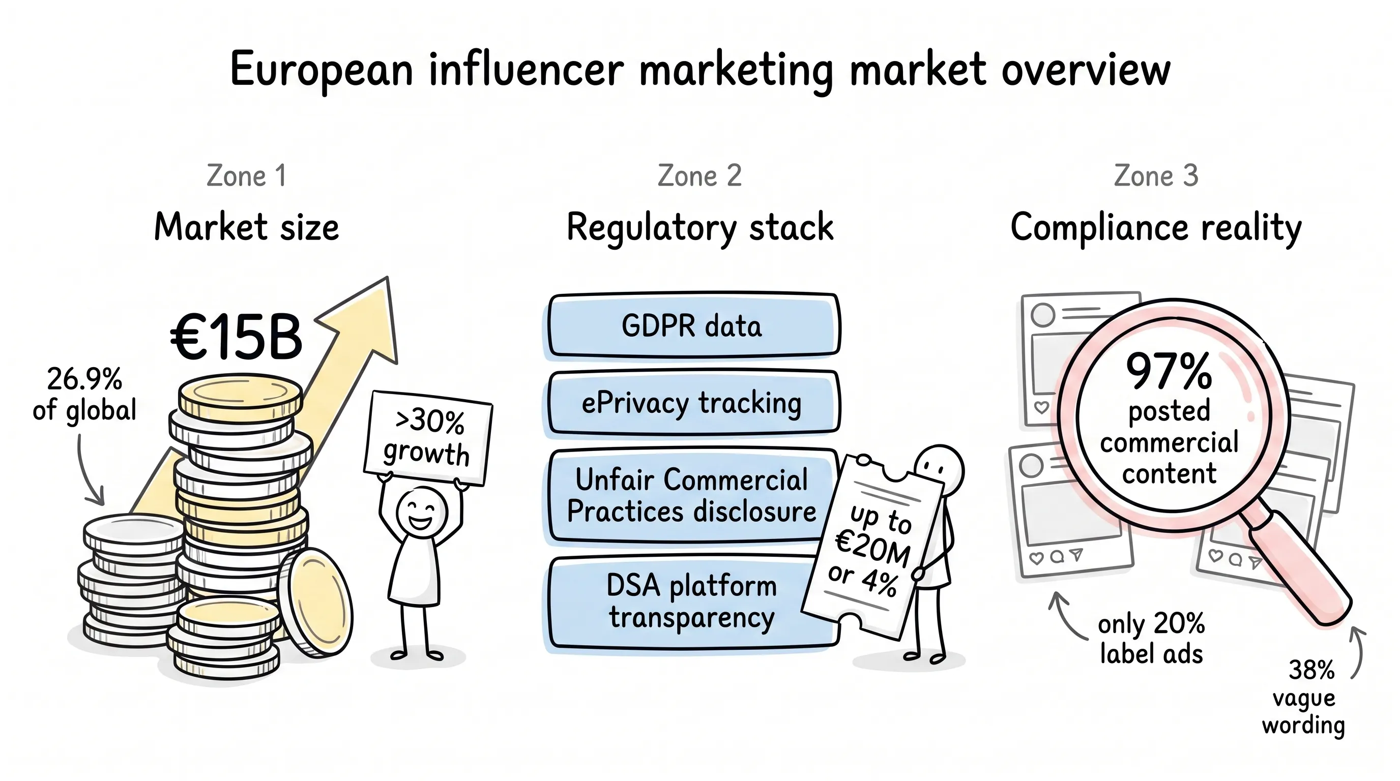 European influencer marketing market overview: a €15B market, a four-layer regulatory stack, and the 20% disclosure reality