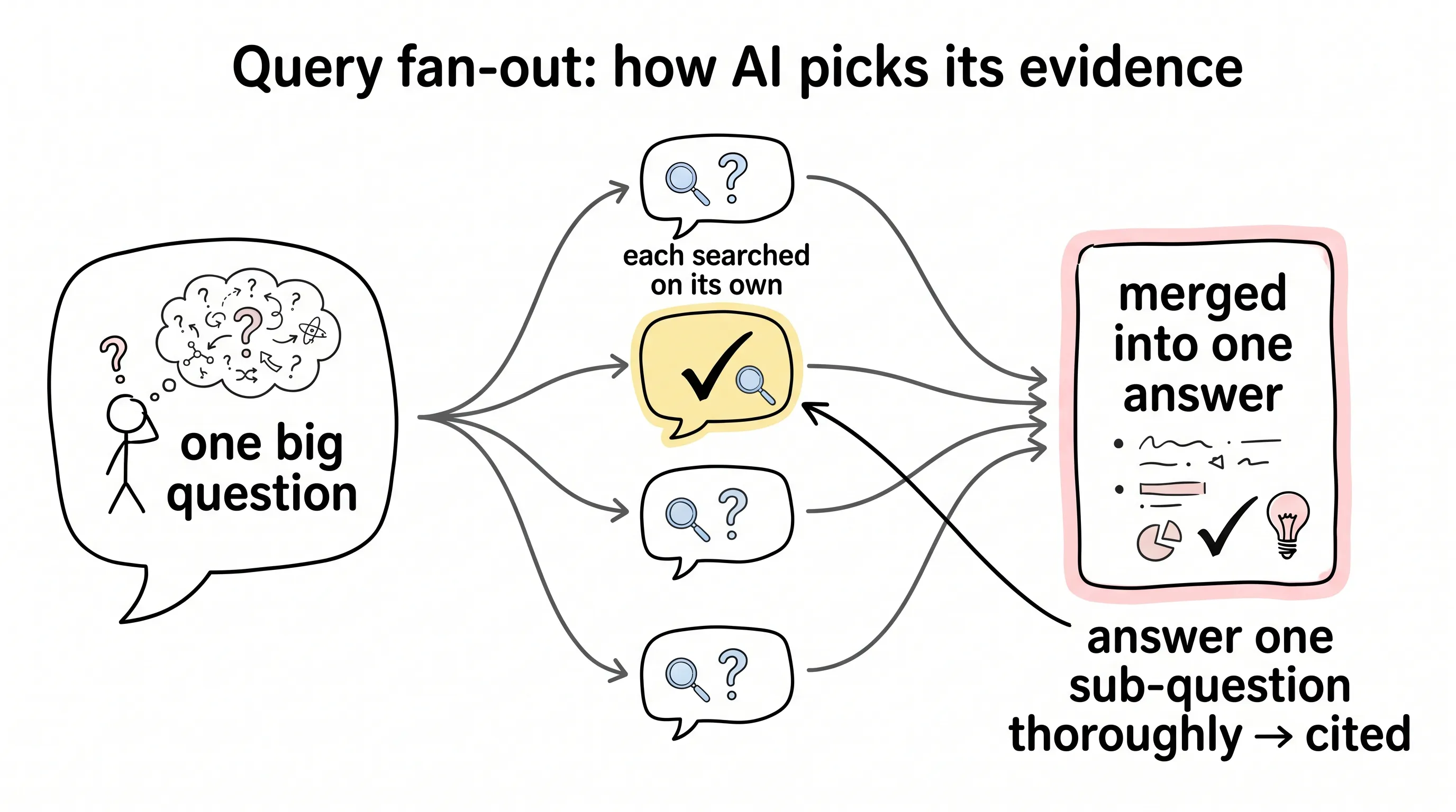 Query fan-out — one big question fans out into sub-questions, each searched on its own, then merged into one answer; answer one sub-question thoroughly and get cited