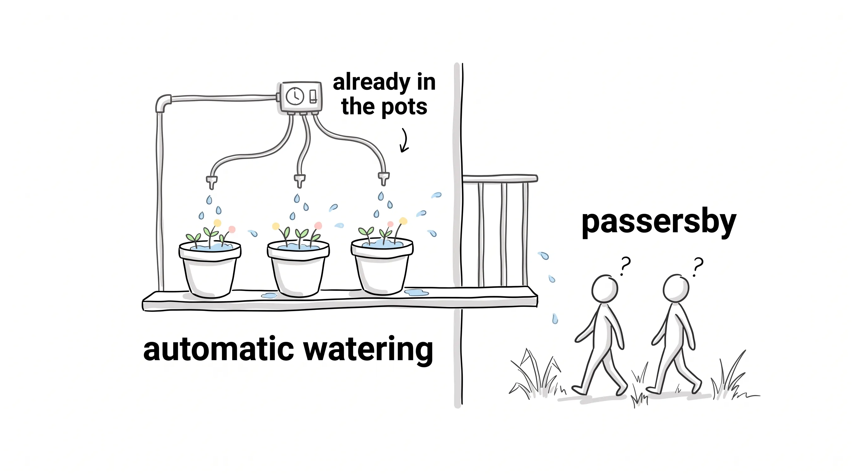 Hand-drawn doodle: an automatic watering system drips onto potted flowers on a balcony, while stick-figure passersby walk by untouched