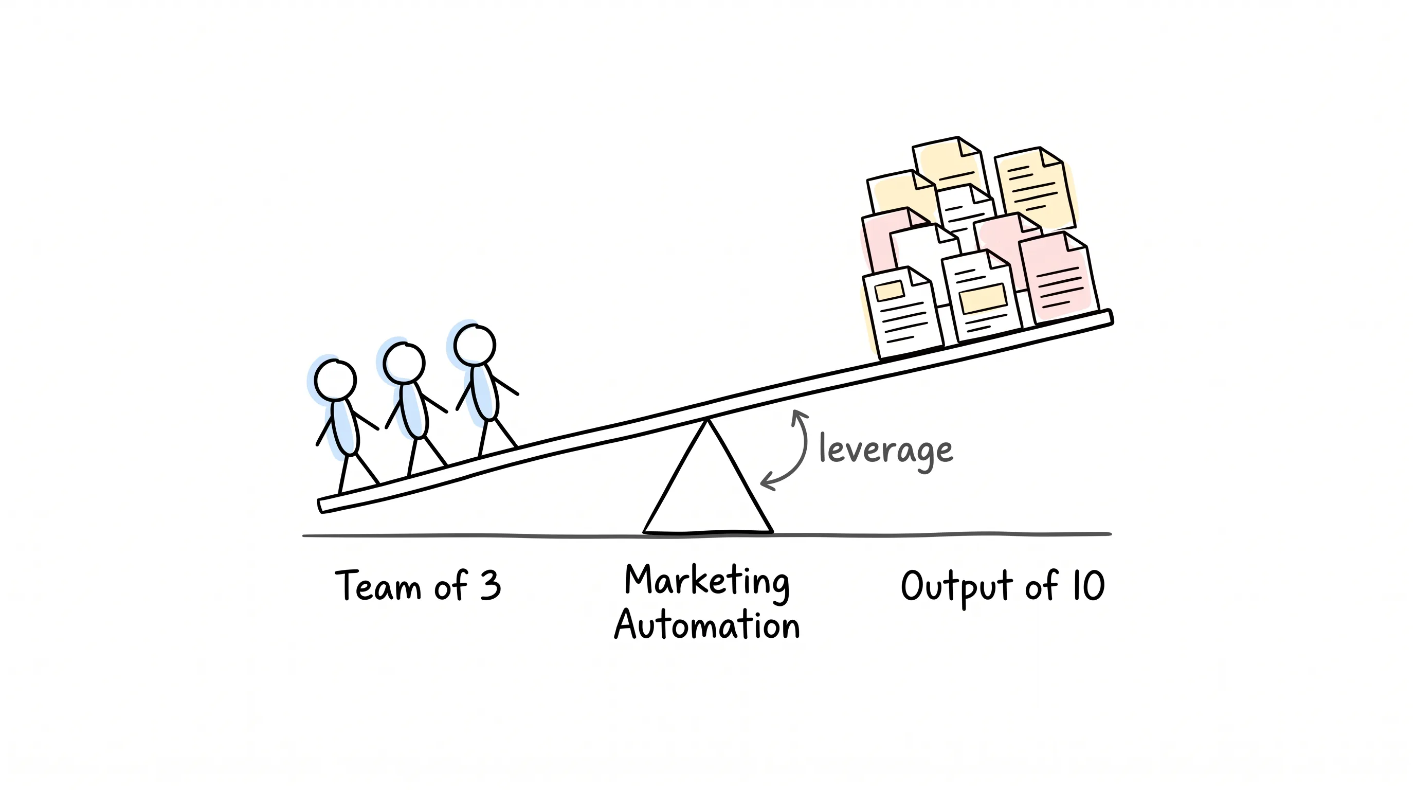 A team of 3 stick figures on one end of a hand-drawn lever labeled Marketing Automation, lifting an output of 10 — the leverage of B2B marketing automation