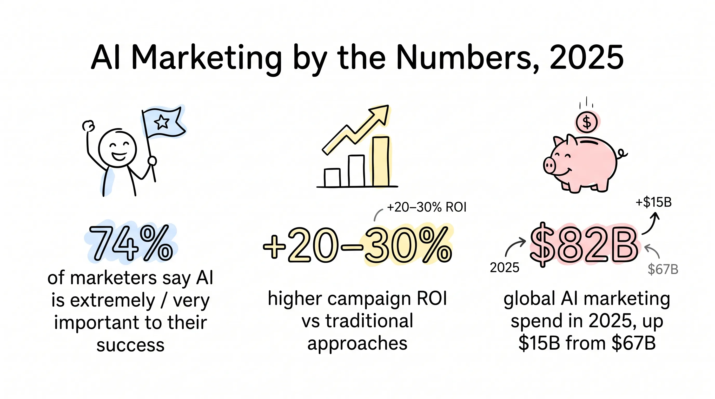 AI marketing by the numbers: 74% of marketers rate AI critical, 20–30% higher ROI, $82B global spend