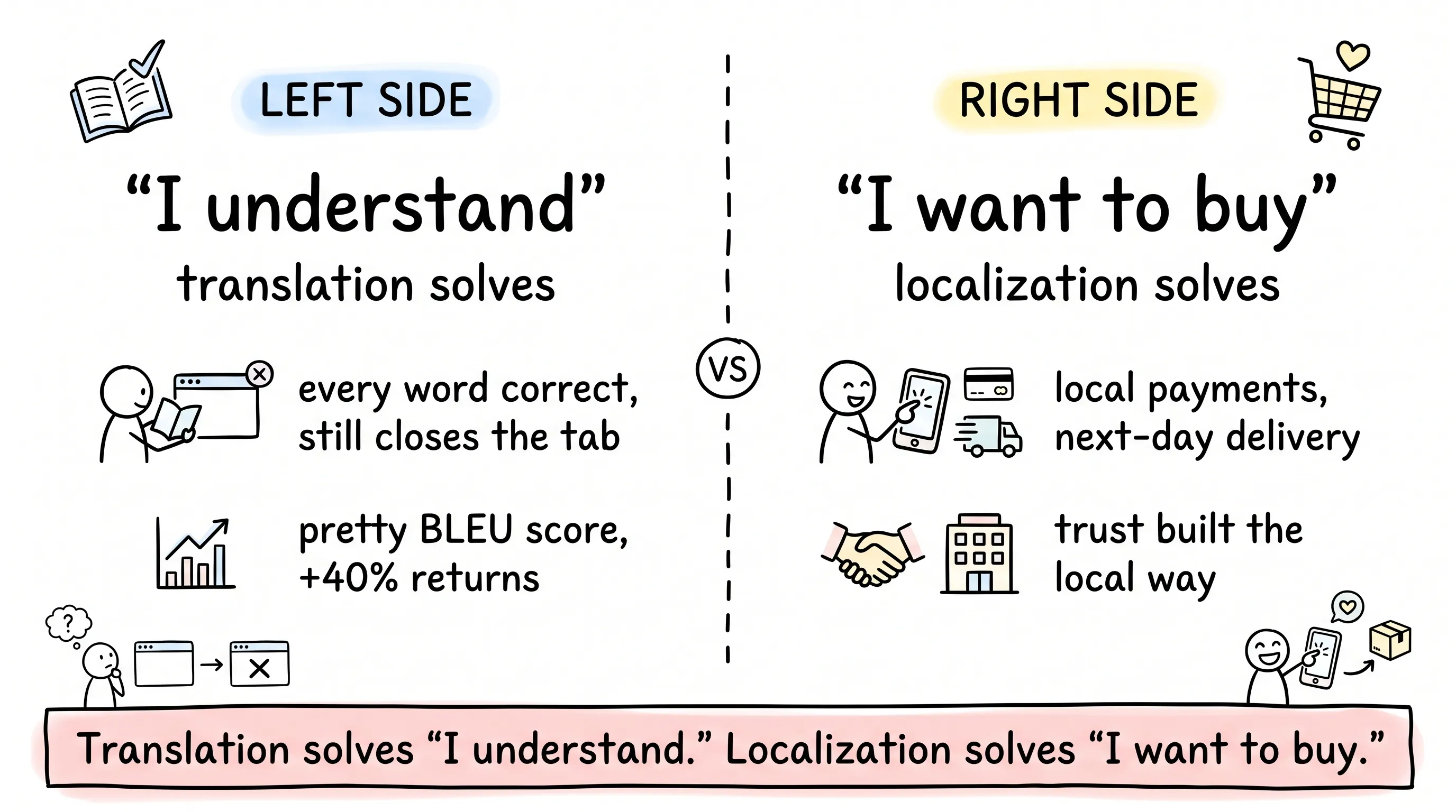 Translation solves "I understand" while localization solves "I want to buy": a buyer who understands every word still closes the tab, while local payments, next-day delivery and locally built trust close the sale