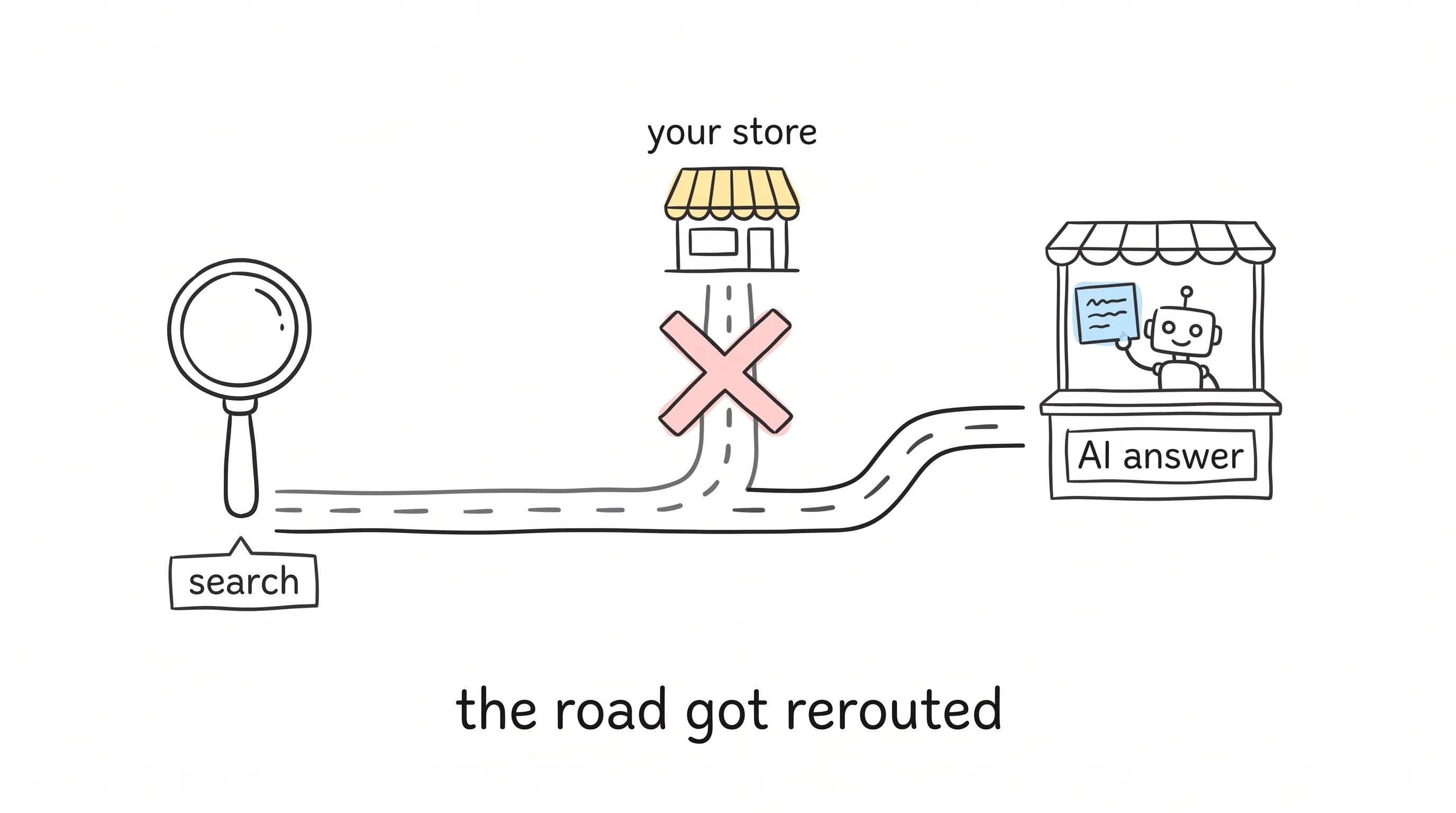 Hand-drawn map doodle: a road starting from a search magnifier forks, the old dashed road to your store is blocked by a large X, and the road now bends first to an AI answer stall where a robot holds up an answer card, captioned the road got rerouted