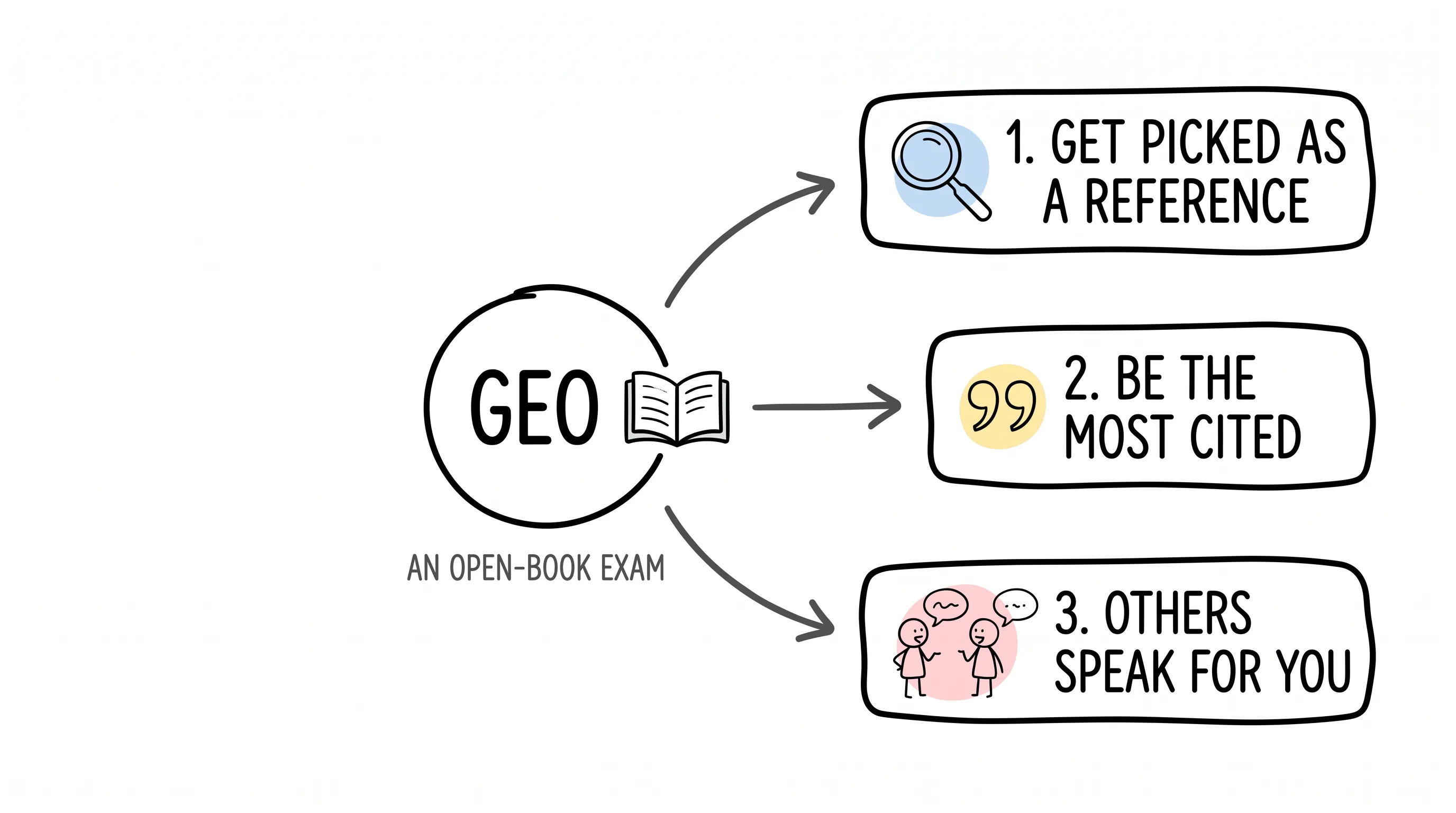 GEO is an open-book exam with three goals: get picked as a reference, be the most cited, and let others speak for you