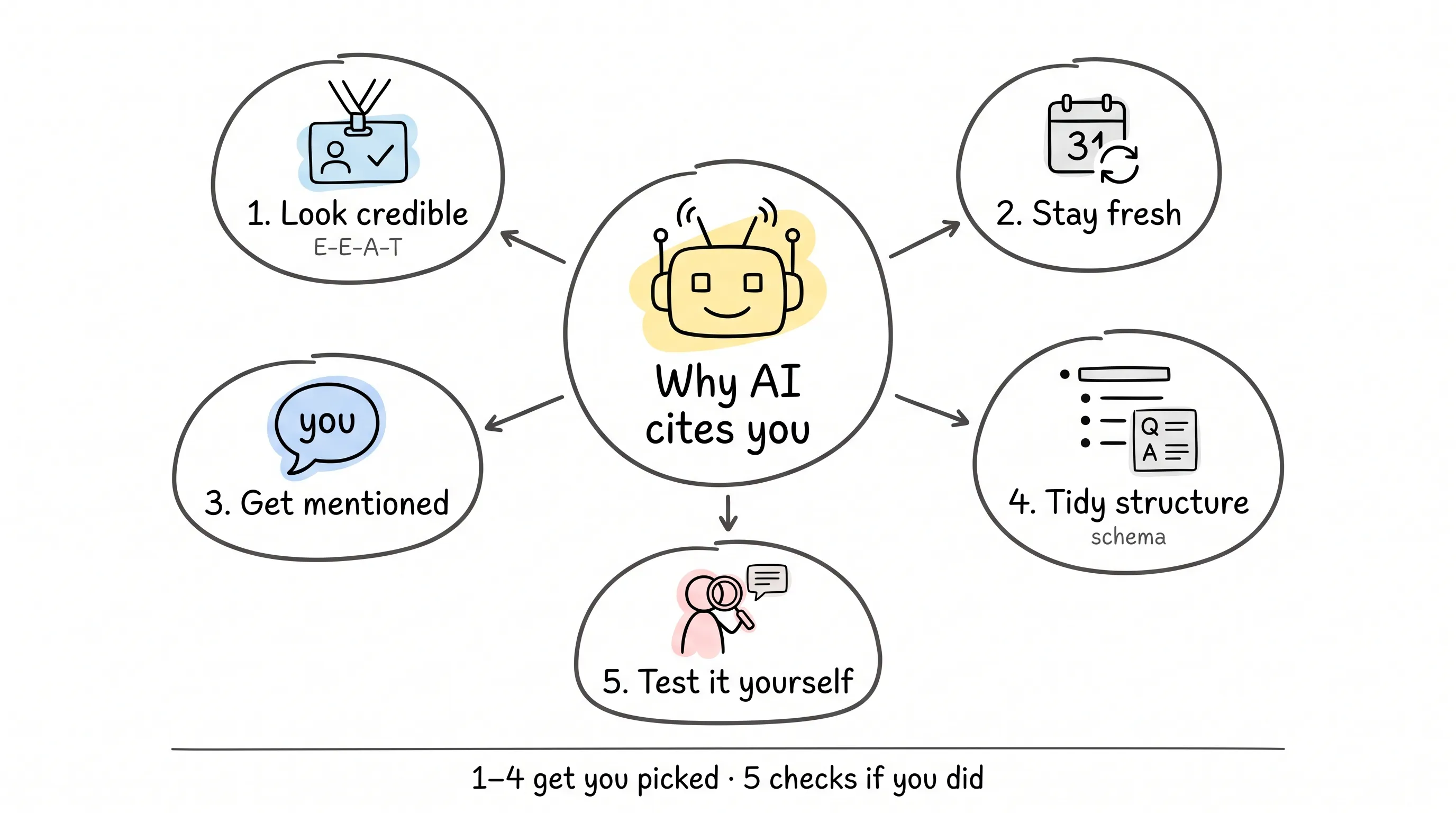 Five things that make AI cite you: look credible (E-E-A-T), stay fresh, get mentioned, tidy structure (schema), and test it yourself