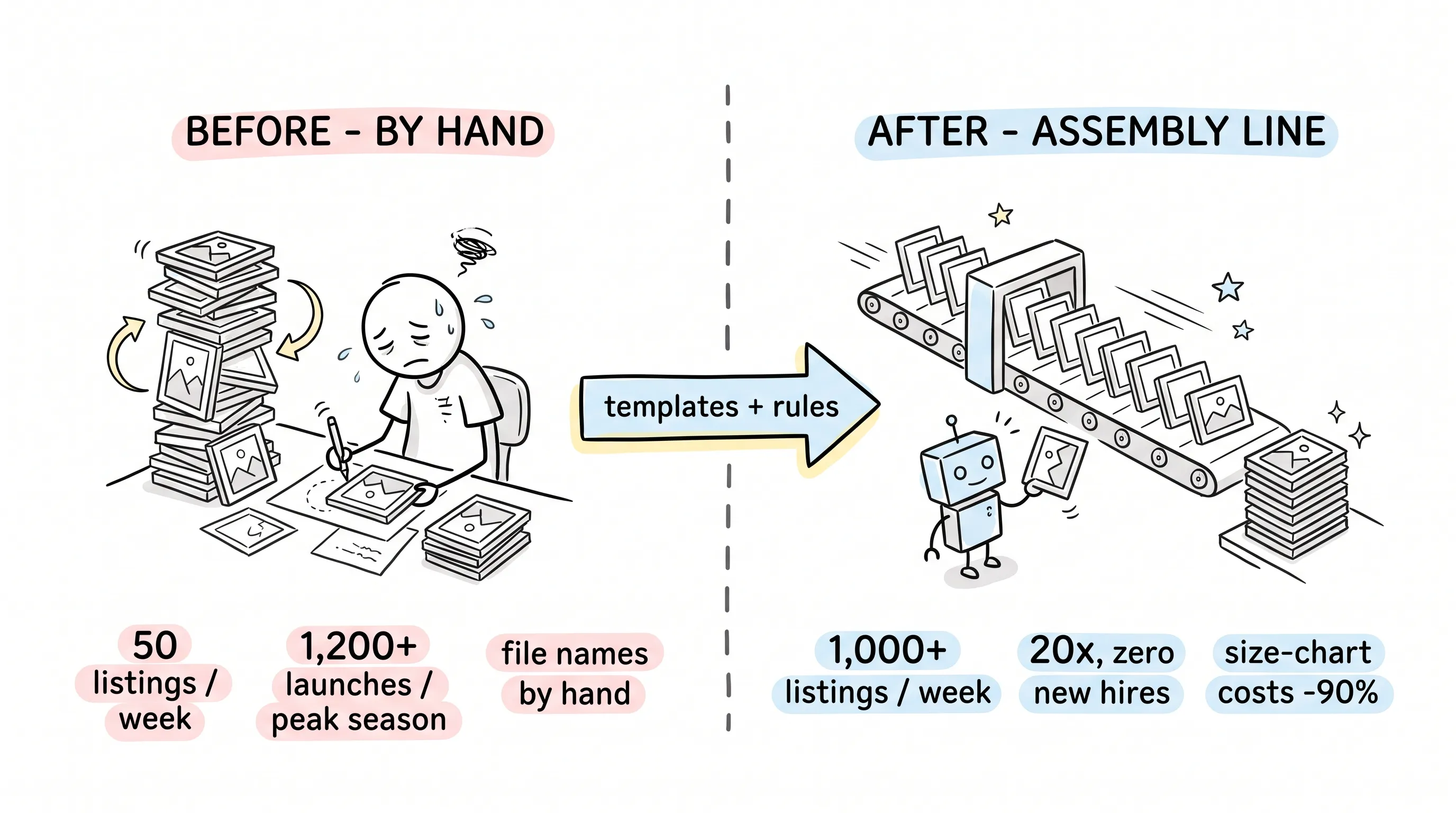 Comparison of hand production at 50 listings per week versus the template assembly line at 1,000+ listings per week — 20x with zero new hires
