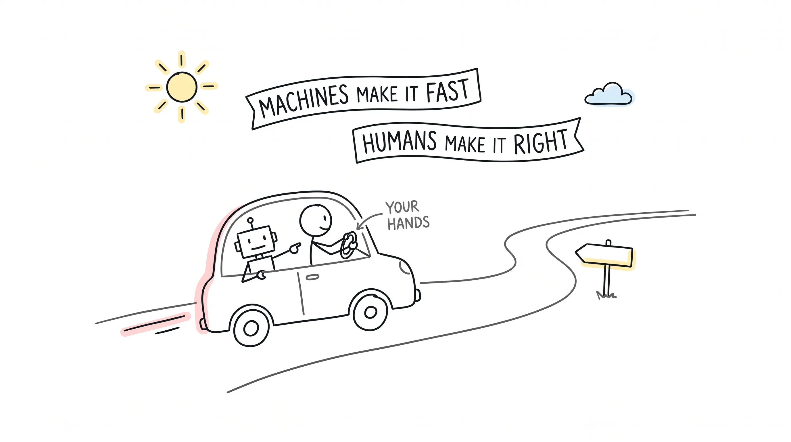 Hand-drawn scene of a small car driving along a winding road: a stick figure driver with both hands on the steering wheel labeled your hands, a doodled robot co-pilot pointing ahead at the road, pastel sun and cloud above, and two hand-lettered banners reading Machines make it fast and Humans make it right