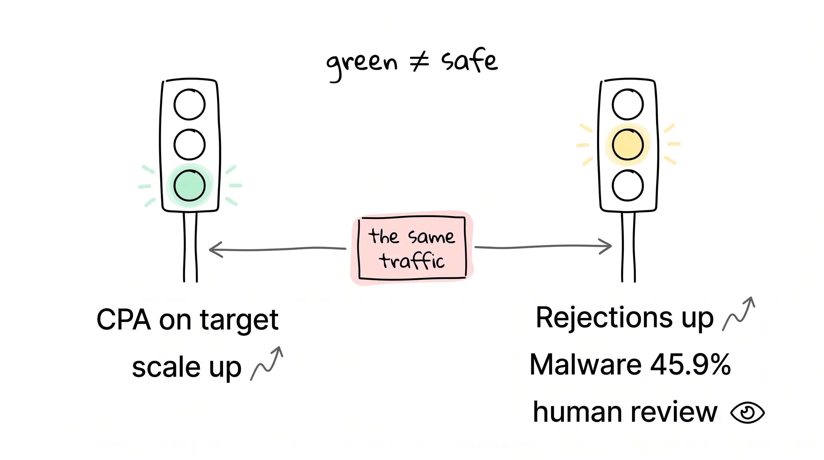 Two sets of traffic lights for agentic buying: performance green does not mean safety green