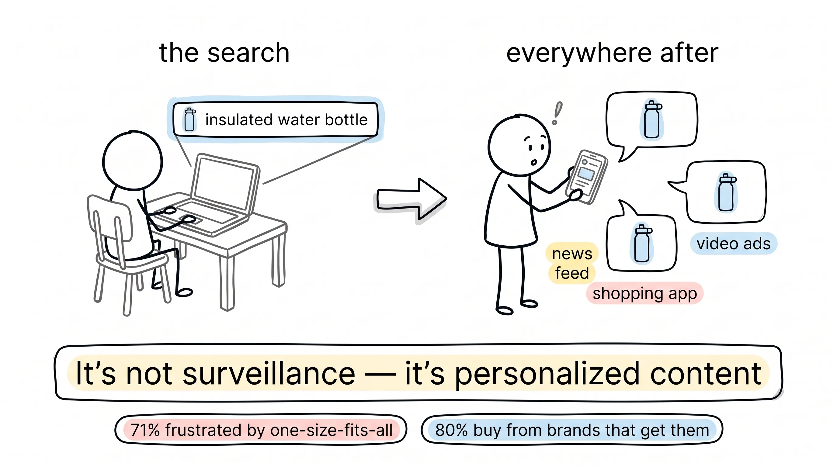 Hand-drawn scene of personalized content: a stick figure searches insulated water bottle on a laptop, then the same little bottle pops up all around the phone in the news feed, shopping app and video ads, over the banner It's not surveillance, it's personalized content, with the stats 71% frustrated by one-size-fits-all and 80% buy from brands that get them