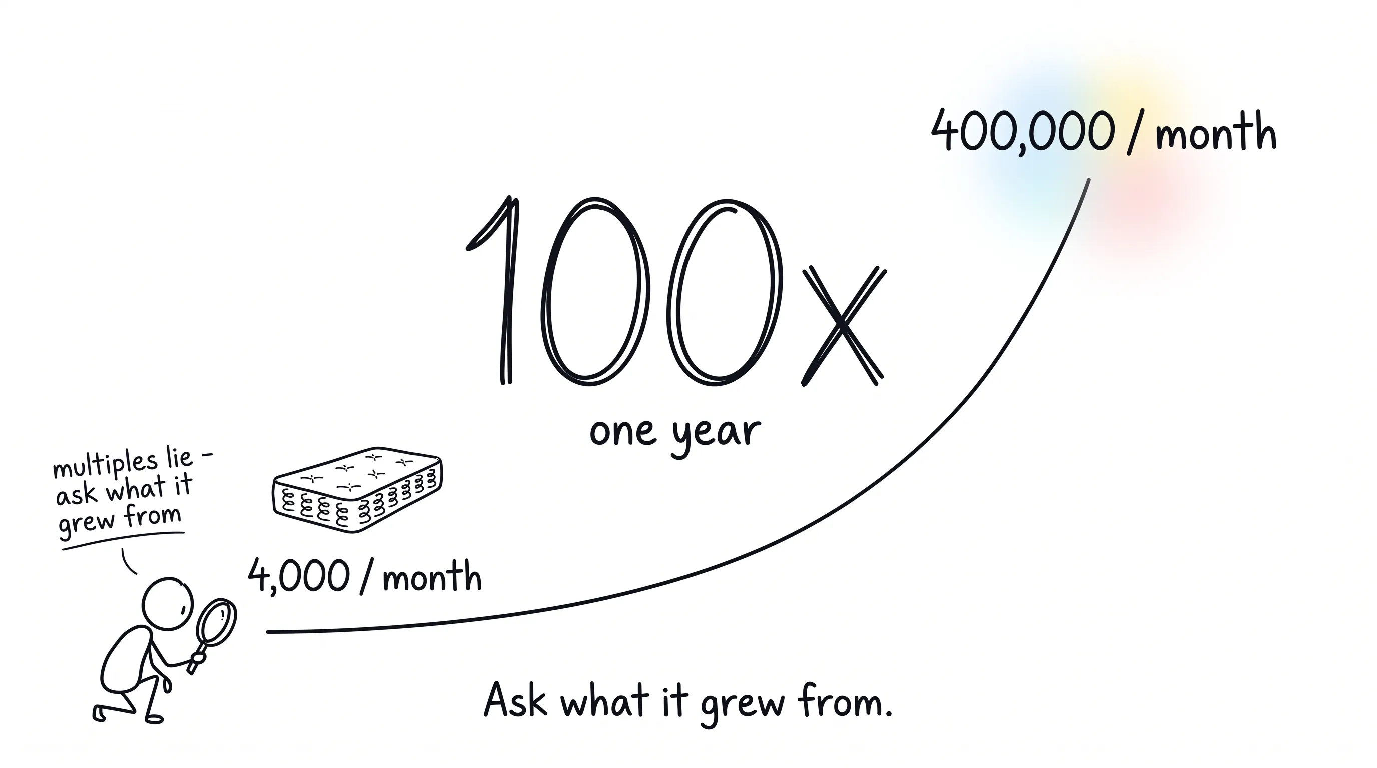A hand-drawn curve climbing from 4,000 to 400,000 visits a month in one year - 100x, but ask what it grew from