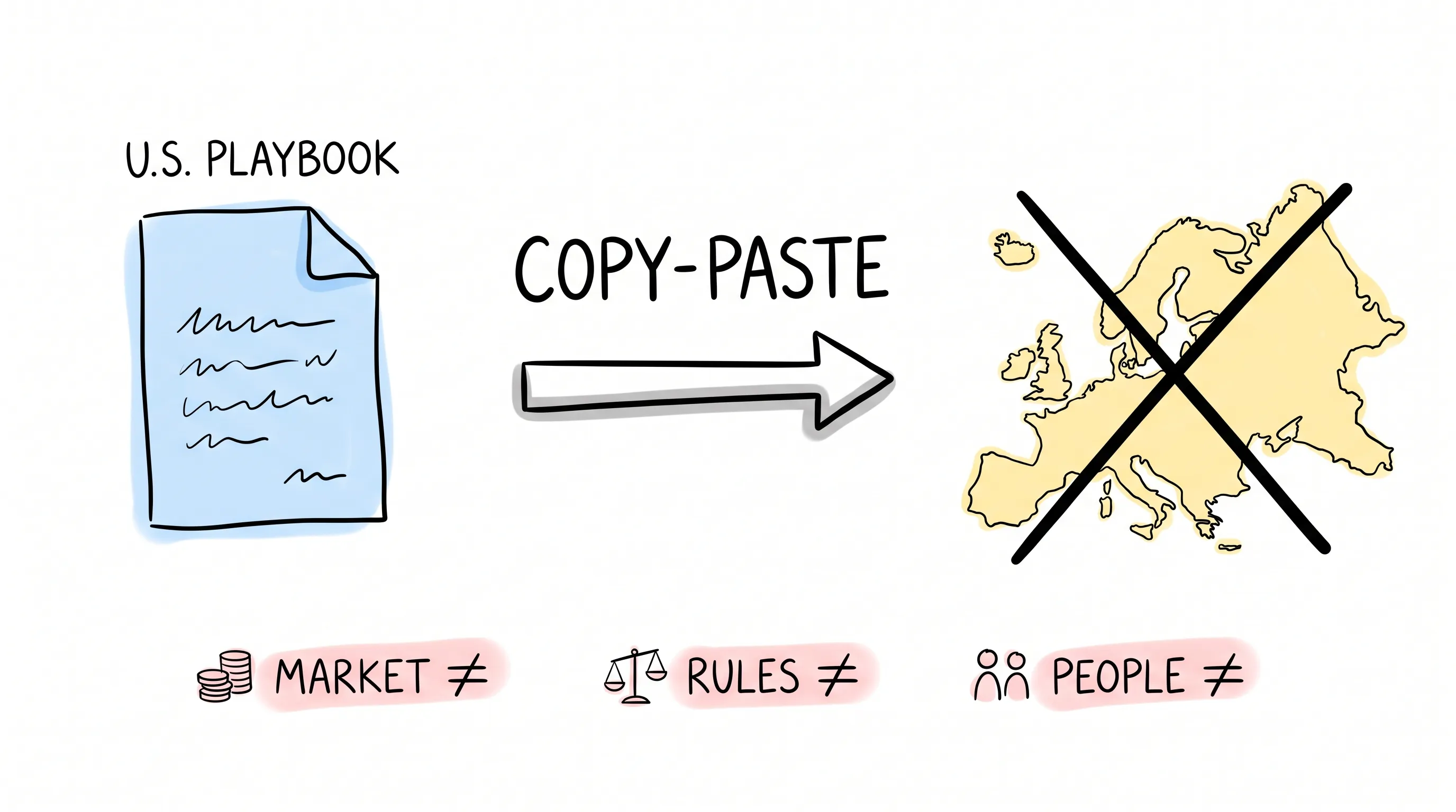 Hand-drawn doodle: the U.S. playbook being copy-pasted onto a crossed-out Europe — market, rules, and people are all different